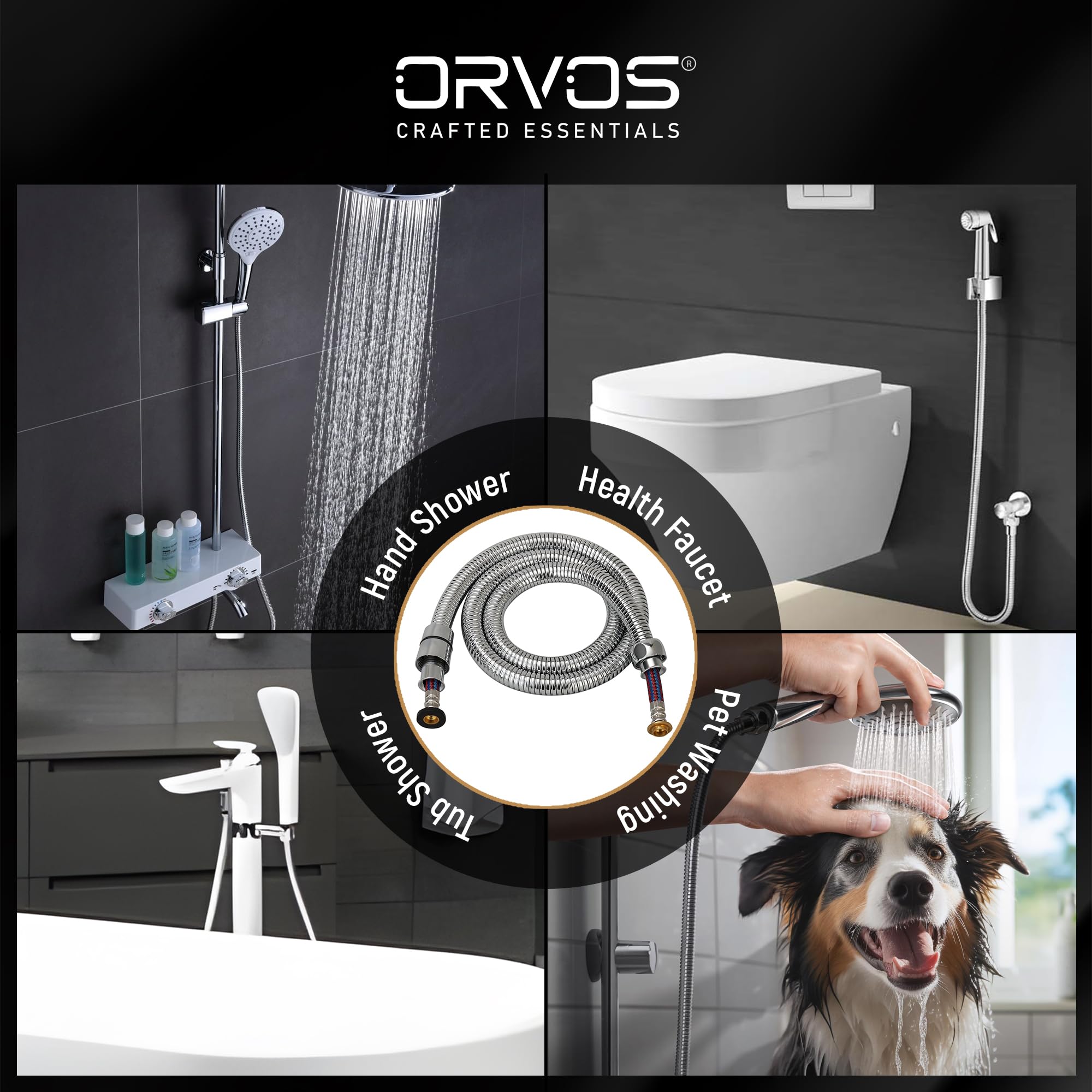 Orvos Shower hose pull out, Stainless steel outer hose, with nylon braided inner tube, 1.5 meter, for hand showers and health faucets in high end luxury bathrooms 4