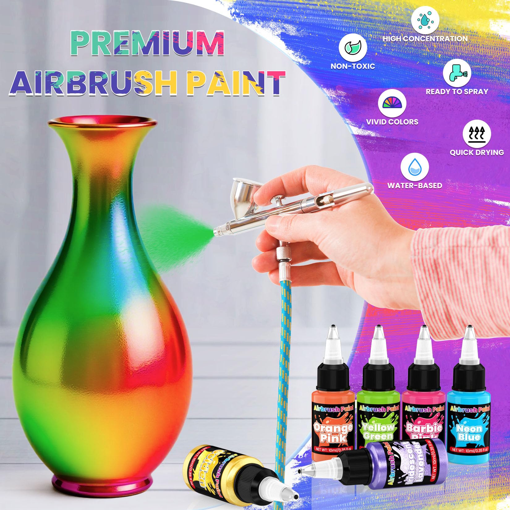 HXDZFX Airbrush Farben - 54 Farbe mit 2 Airbrush Thinner, Spritzfertiges Air Brush Farben, Schnell Trocknend Acrylfarben für Modellbau, Auto, Metall, Stoff, Künstler, Anfänger 4 Farbtypen