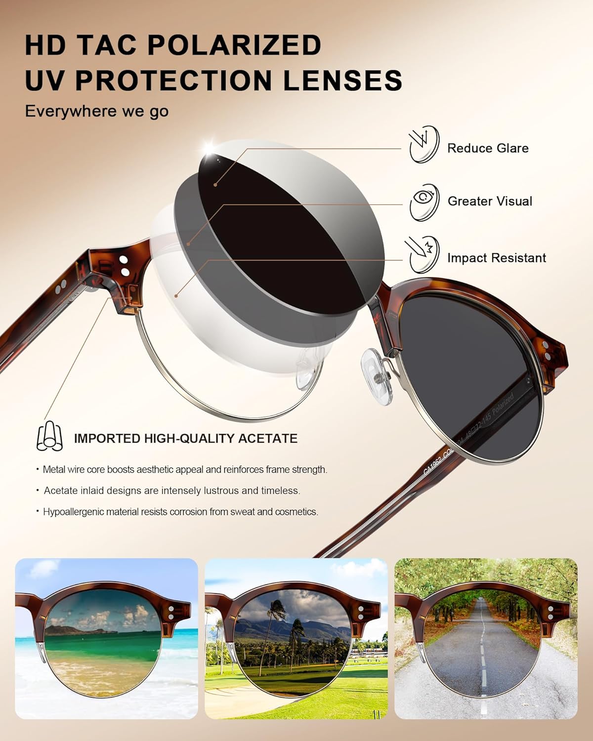 CARFIA Retro Round Polarized Sunglasses For Men, Acetate Semi-Rimless Frames Driving Sun Glasses UV 400 Protection - Image 4