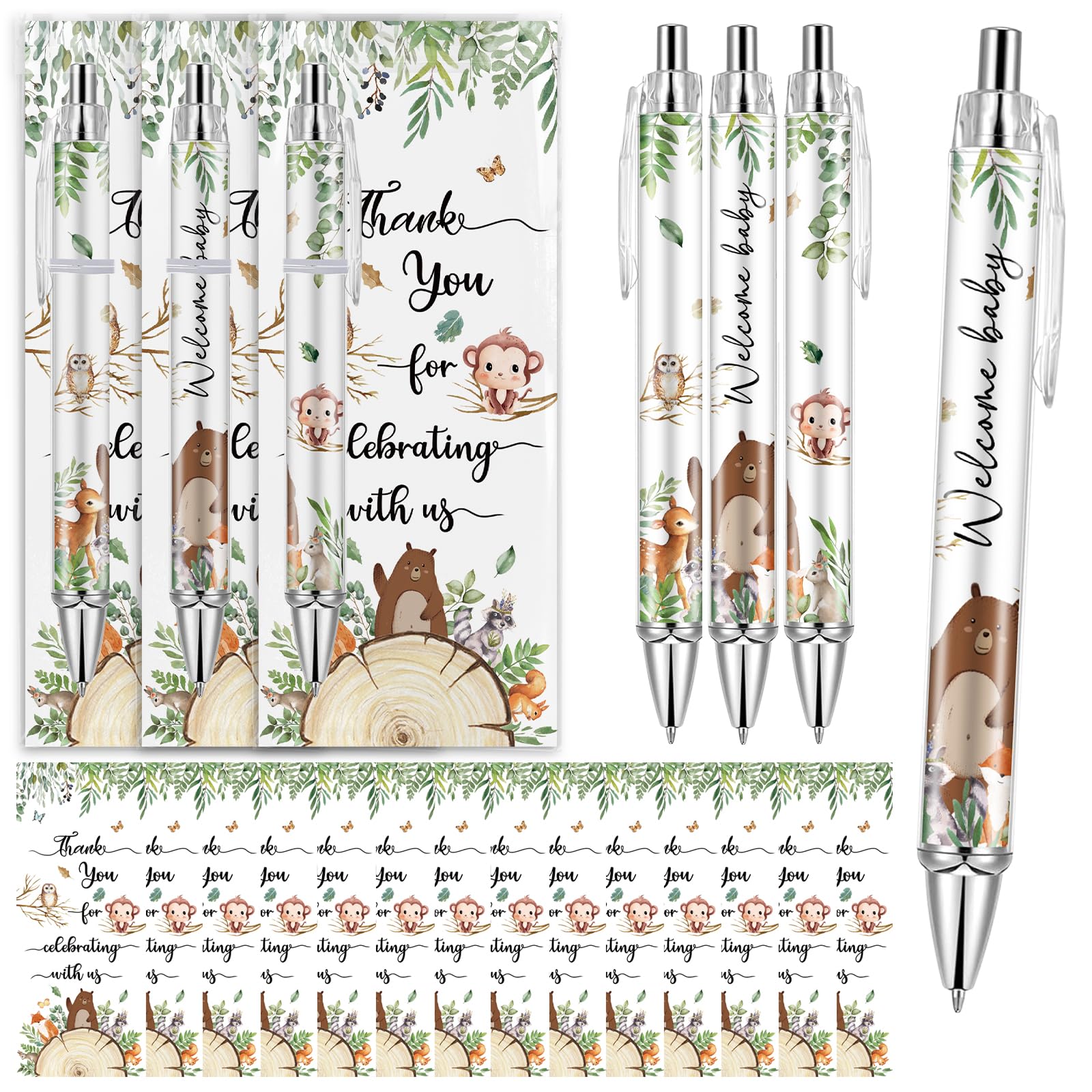50 Sets Woodland Animals Baby Shower Favors Pen Set Baby Shower Pens Gifts Bulk Neutral Gender Reveal Includes 50 Rolling Paper Ballpoint Pens and 50