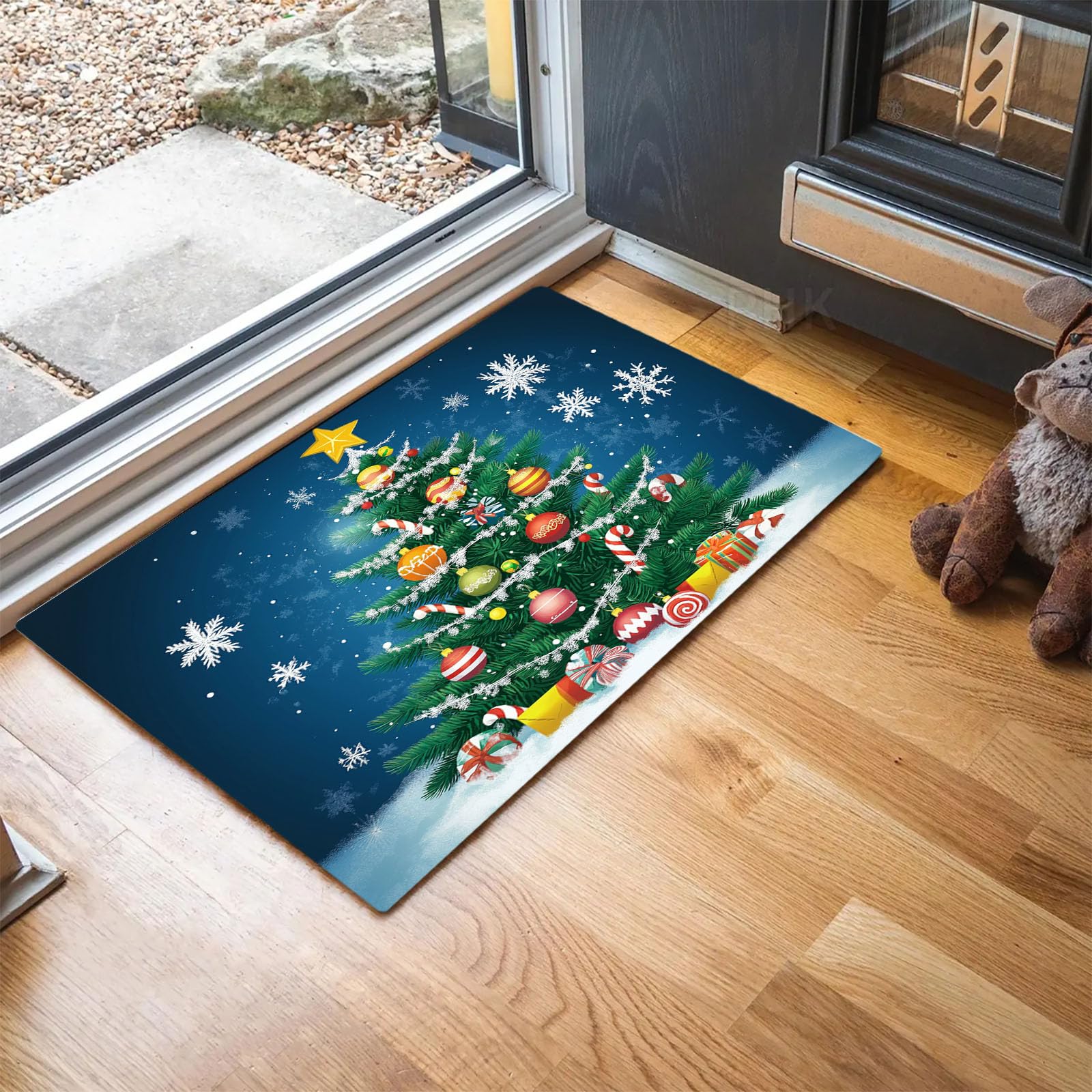 Fußmatte Bunte Weihnachtskugeln grünes Weihnachtsbaumdesign, Türmatte rutschfest Waschbar, Weihnachts Fussmatte Innen und Außen, Blau Farbgebung Weihnachts Fußmatte Winter, 90 x 150 cm