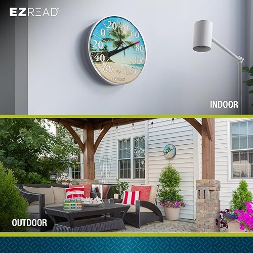 Miniatura 7 de EZREAD - Termómetro de esfera colgante 840-1214 para uso en interiores y exteriores, gran diámetro de 12.5 pulgadas, números fáciles de leer, playa