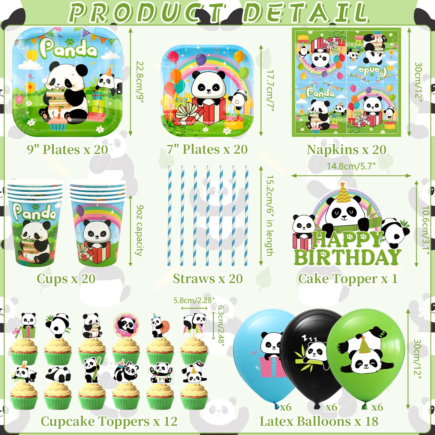 Decorazioni per feste a forma di panda, accessori per feste a forma di panda, tra cui striscione, piatto, topper per torte, bicchieri, tovaglioli, palloncini, tovaglia, per 20 persone (BJ)