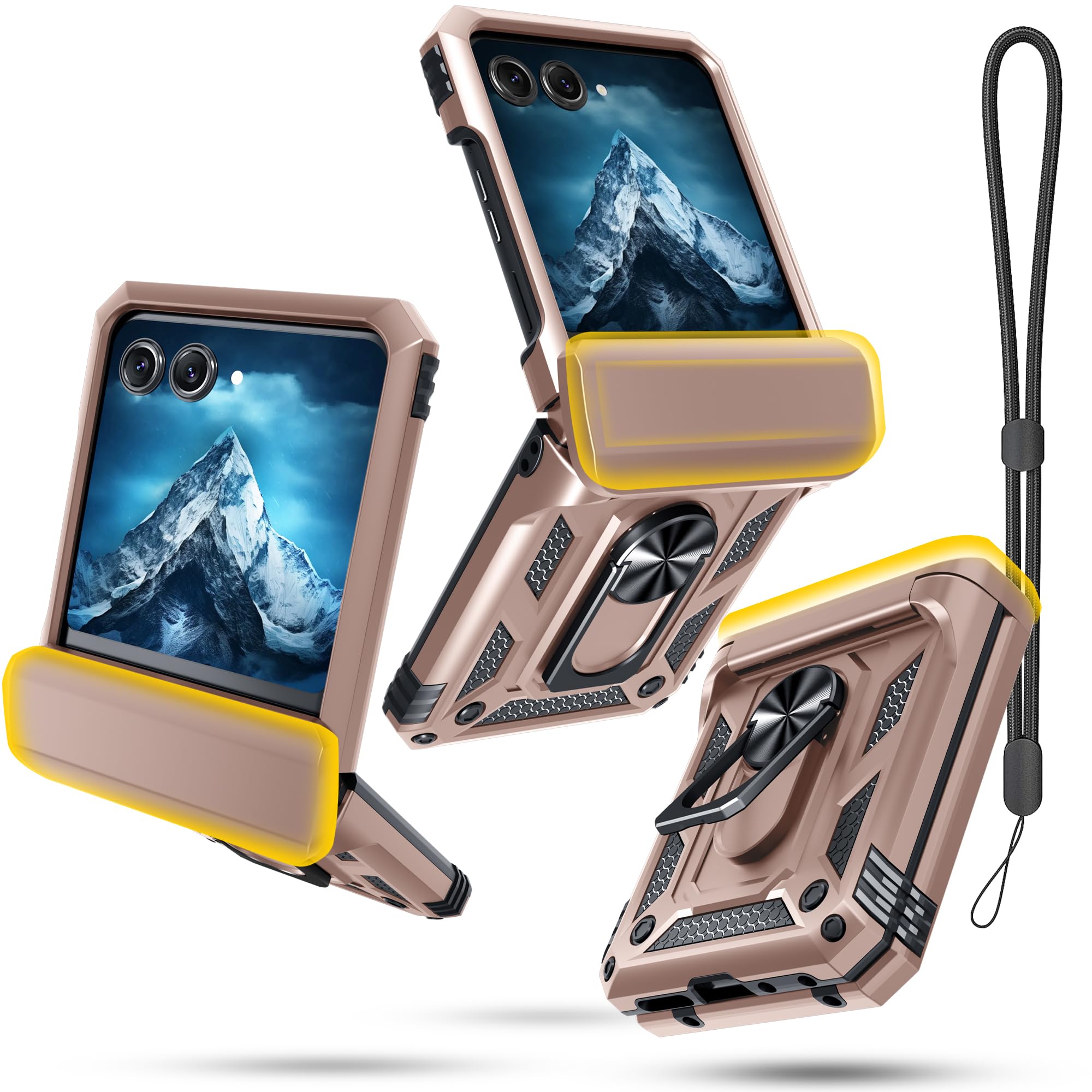 Janmitta Compatible with Moto Razr 2024/2025 Case,Razr+ Plus 2024/2025 Case with Lanyard+Hinge Protection+Finger Ring Holder Kickstand,Dual-Layer Full Body Protective Shockproof Phone Cover,Rose Gold