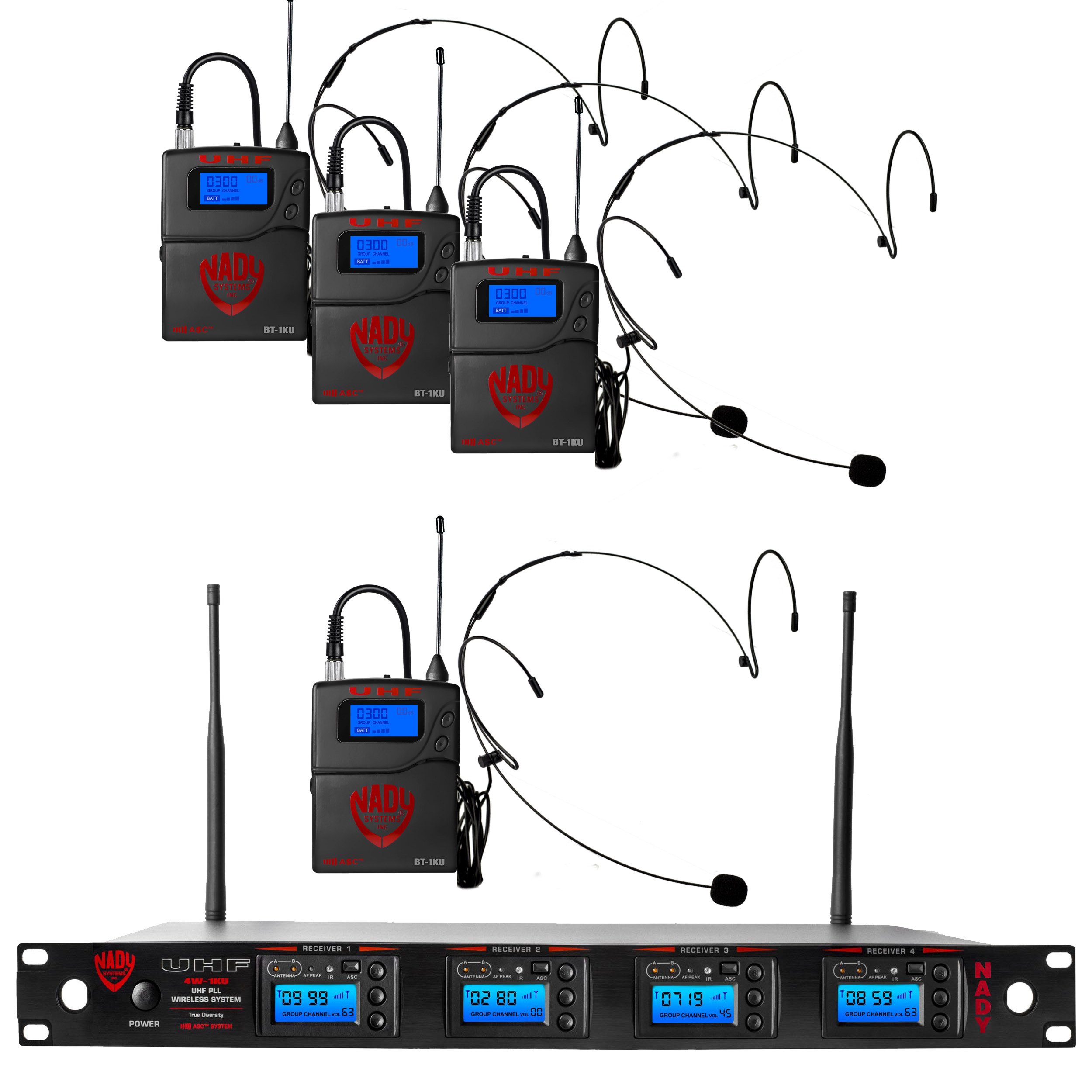 Nady 4W-1KU HM-10 Black Quad True Diversity 1000-Channel Professional UHF Wireless System with 4 Headset Microphones – AutoScan – Automatic Transmitter Pairing – All Metal Construction