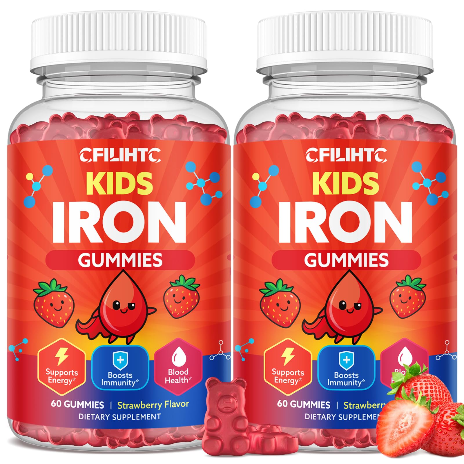2PCS Iron Gummies for Kids & Teens, Kids Multivitamin with Iron Supplement, Calcium, Folate, Zinc, Prebiotic - for Blood Builder & Energy Support, Iron Deficiency - Vegan & Non-GMO - 120 Count Strawberry 60 Count (Pack of 2)