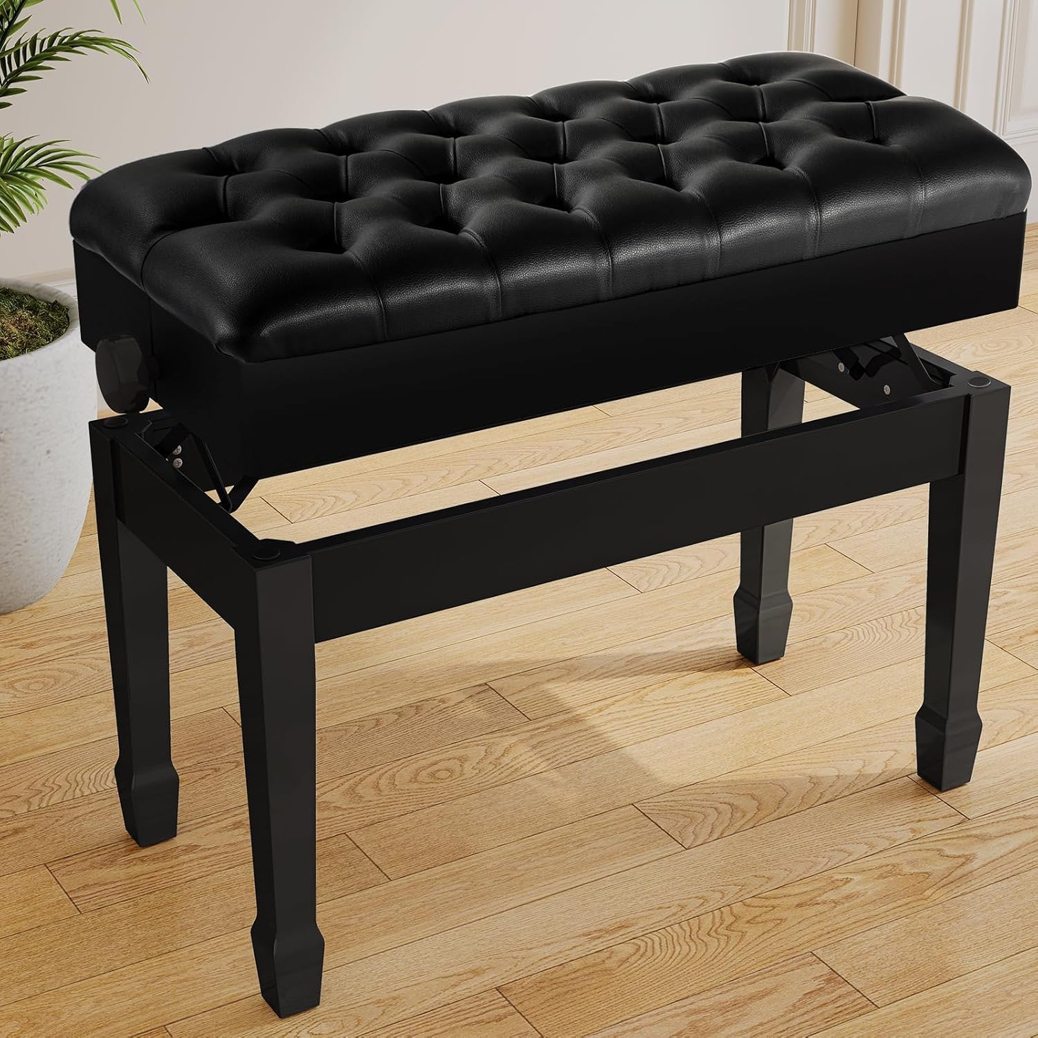 LIFERUN Doppelte Klavierbank, Lange Klavierstuhl höhenverstellbar 72 x 34 x 50 cm, Pianobank aus Verdickte PU Leder mit Stauraum, Robuste Klavierhocker aus massivem Holz mit gebogenen Beinen, Schwarz
