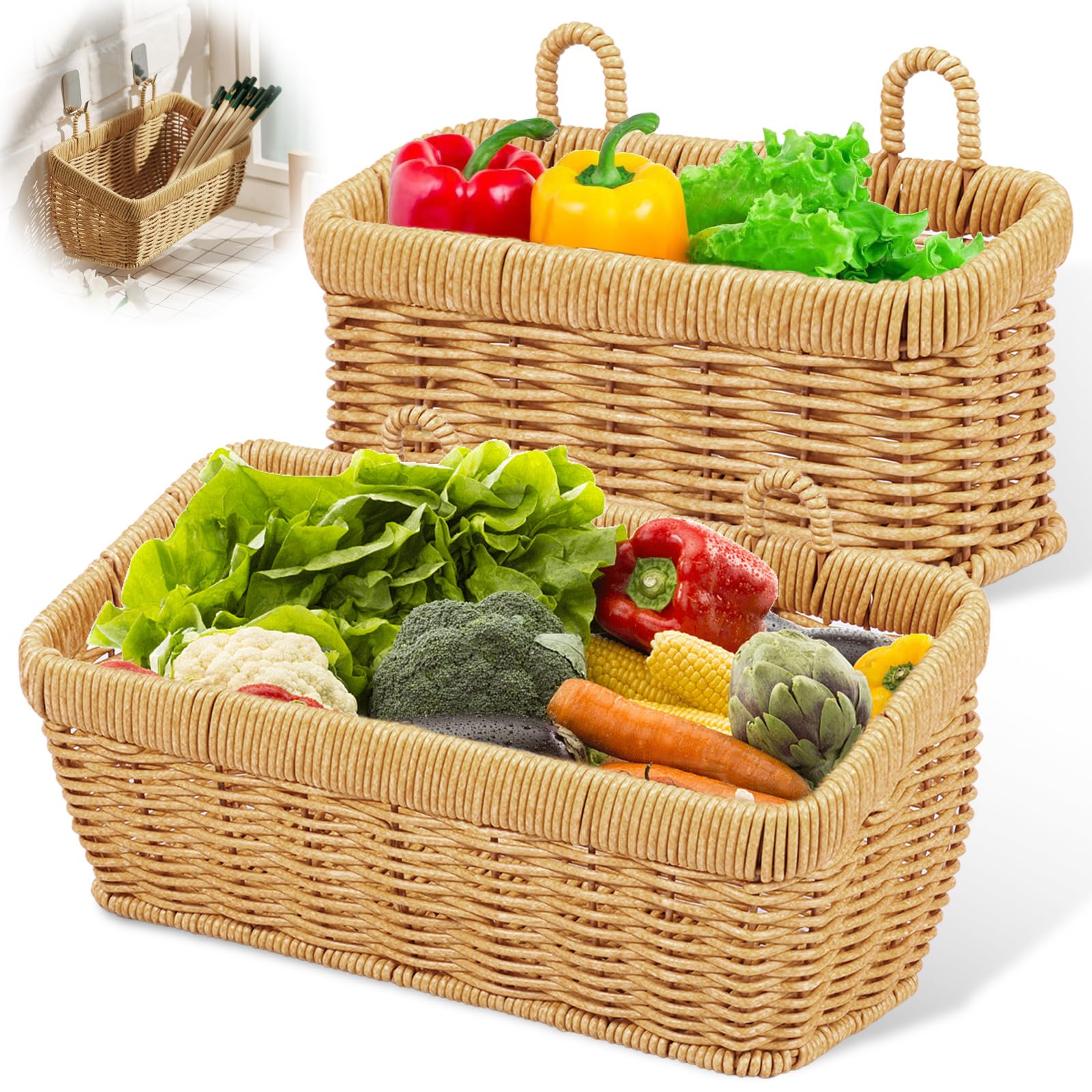 VAVPUP 2Pcs Wall Hanging Basket,Handwoven Imitation Rattan Wall Basket Set,Farmhouse Decor for Bedrooms,Living Rooms,Kitchens,Offices,Door Mails,Files,Books,Plants,Flowers(brown,2)