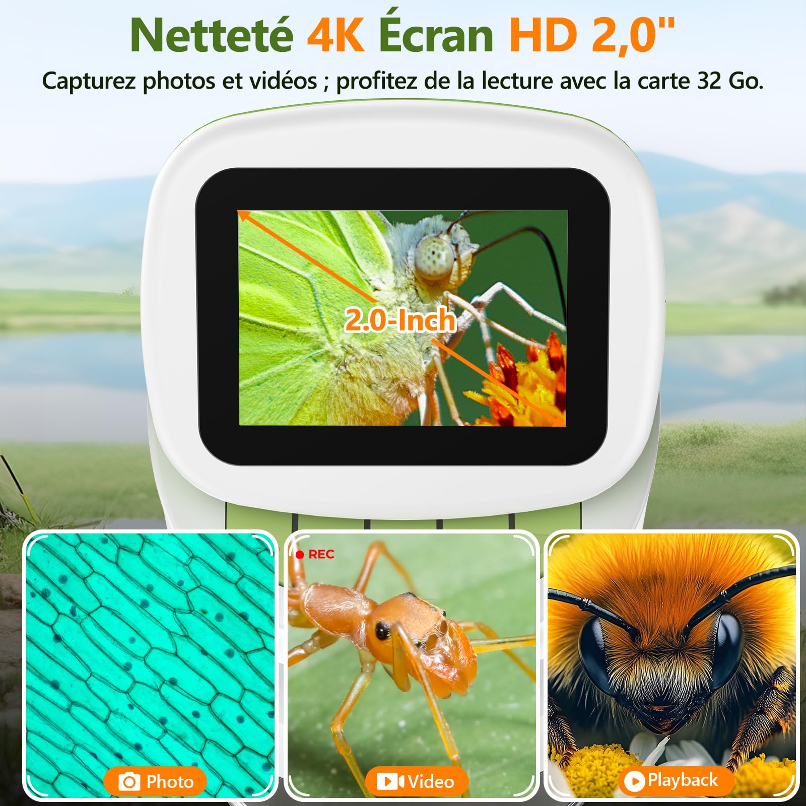 Microscope Numérique Portable de Poche pour Enfant, Mini Scope Détachable HD 4K 2" Écran Cadeau Noël Garçons Filles Jouet Éducatif STEM Kit d'expériences Scientifiques avec Lames et Carte 32G