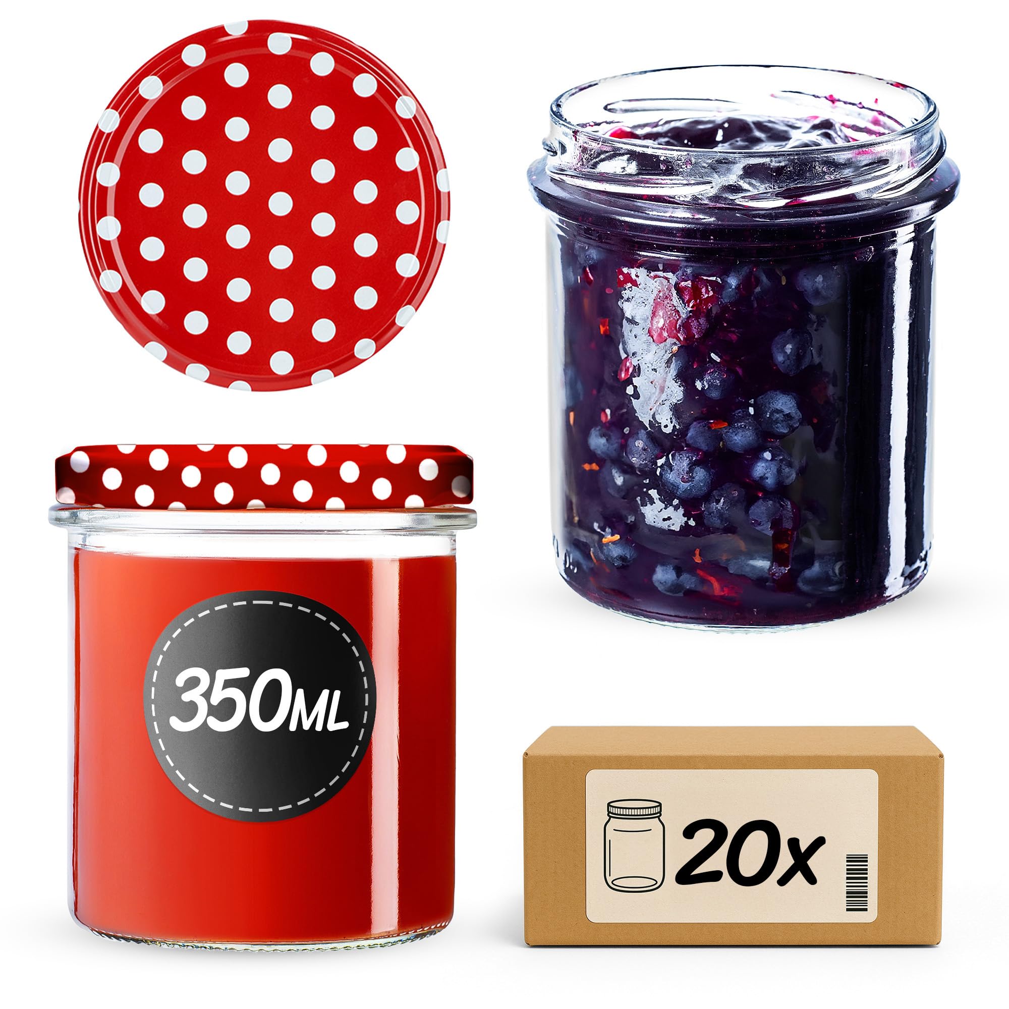 KADAX Set di 20 barattoli in vetro 350ml Ø82mm rosso pois – per marmellate, pesto, salse | tappo a vite ermetico, ermetico, lavabile in lavastoviglie, BPA-free | twist-off, sterilizzazione