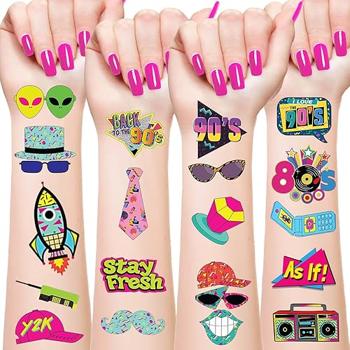 20 hojas (240 piezas) Throwback Fiesta Favores de los 90 Tatuajes Temporales Pegatinas para Adultos Throwback Disco, Hip Hop Recuerdos de Fiesta