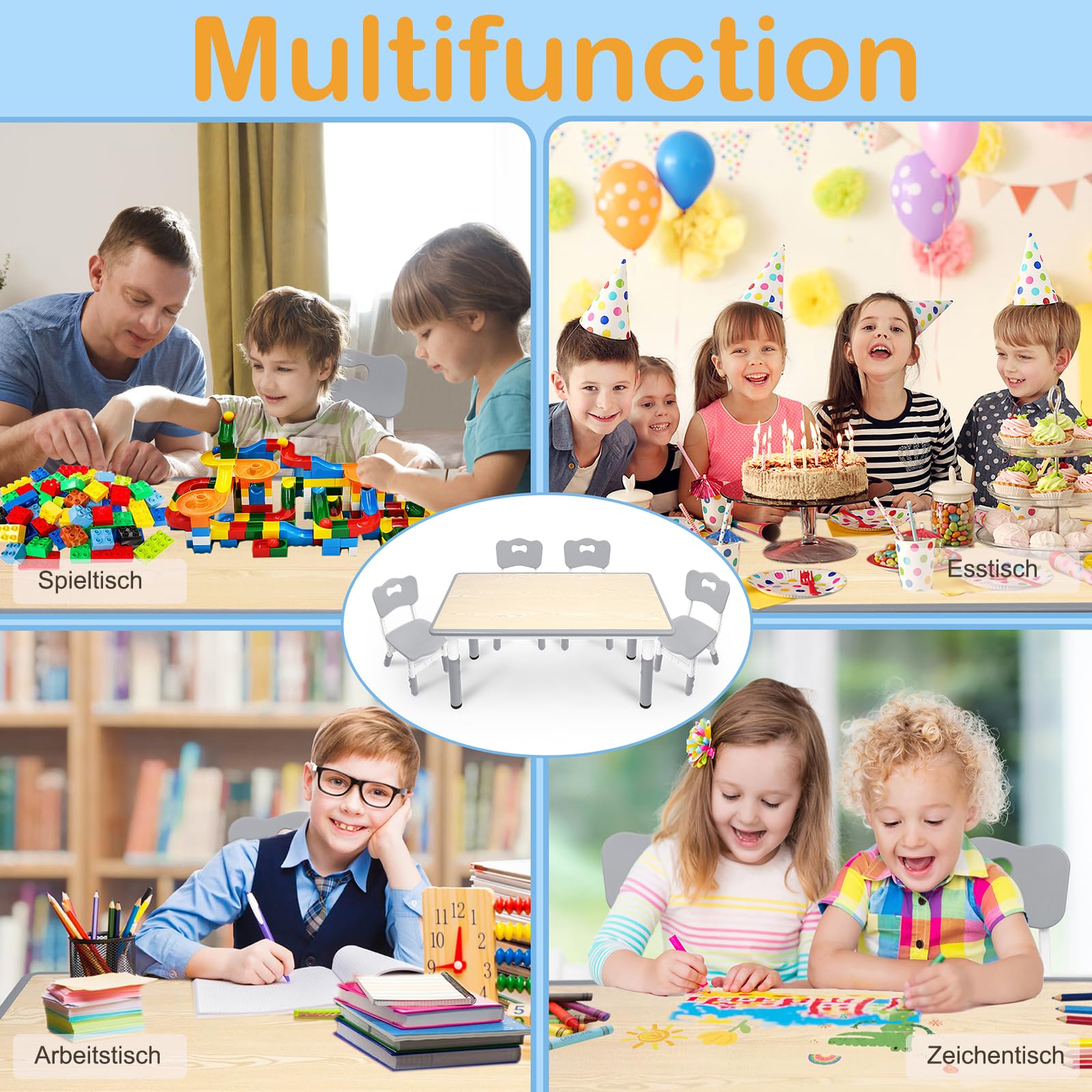Aufun Tavolo per bambini con set di 4 sedie, dinette regolabile in altezza