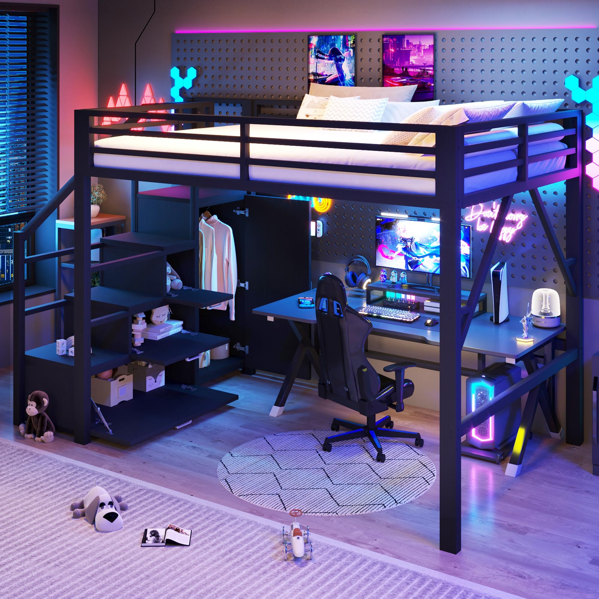 BTM Metall Gaming Hochbett 140x200 mit Kleiderschrank & LED Beleuchtung Hochbett Jugendliche mit Stauraum Treppe, Schwarz