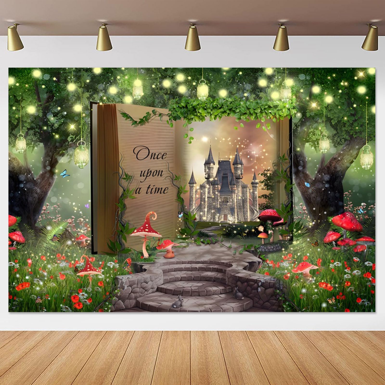 Yeele 10x8ft Once Upon a Time Backdrop Spring Enchanted Mushroom Forest Magical Book Ancient Castle Photography Background Princess Girl Birthday