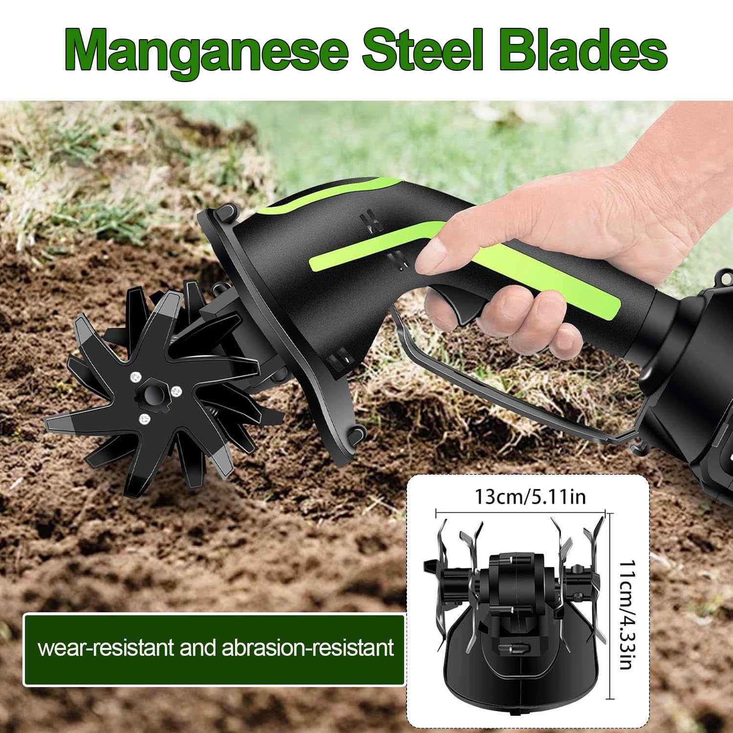 Motozappa a Batteria 24V con Asta 1,3 m Smontabile, 2 Batterie 1,5Ah Incluse, Zappatrice Leggera con 4 Denti in Acciaio, Lavorazione 10x10 cm, Ideale per Orto, Serre e Piccoli Giardini(A:No pole)
