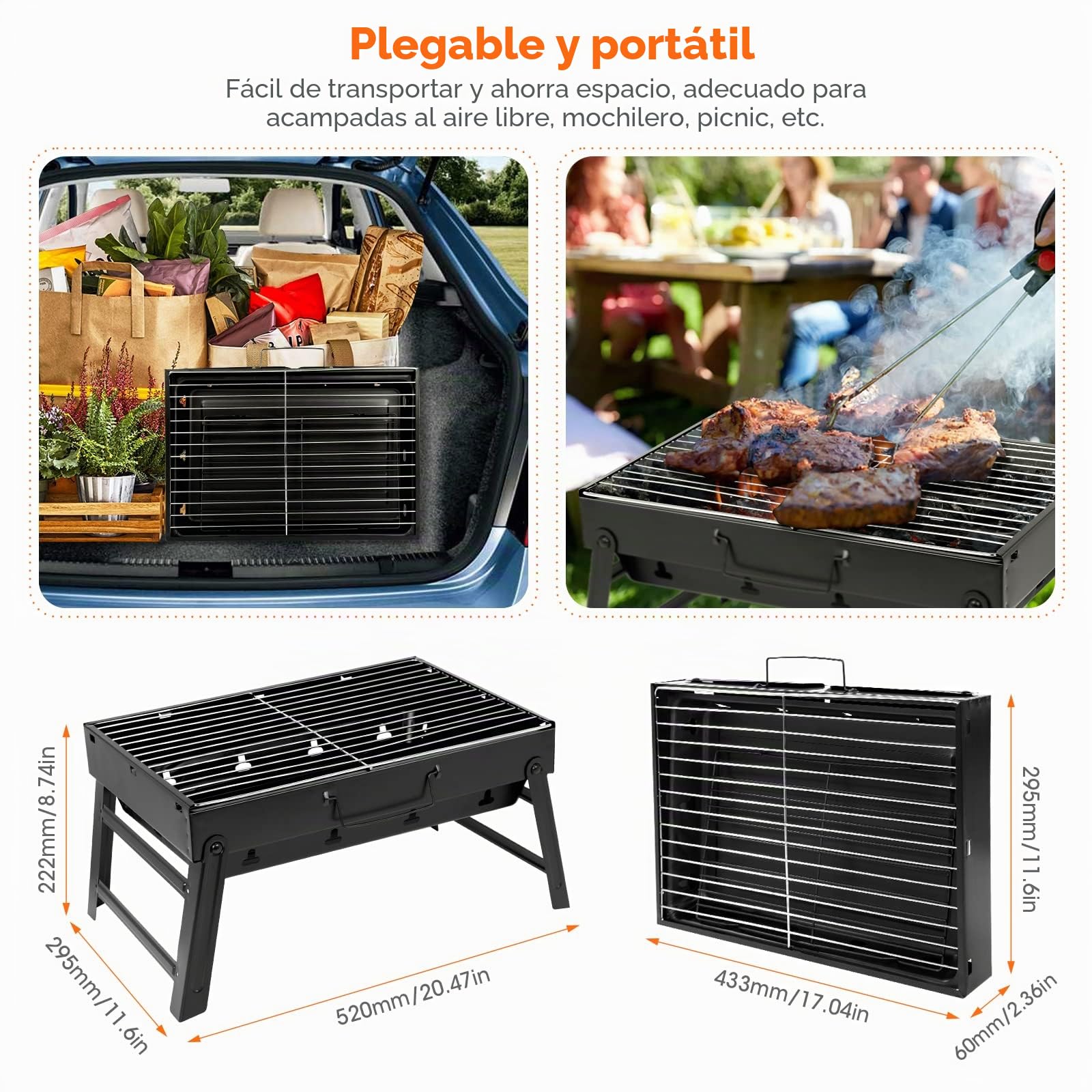 AGM Barbacoa de carbón portátil para 5 a 7 personas, mediana parrilla de carbón plegable portátil para picnic, viajes, terraza o camping en el jardín (52 x 29 x 22 cm)