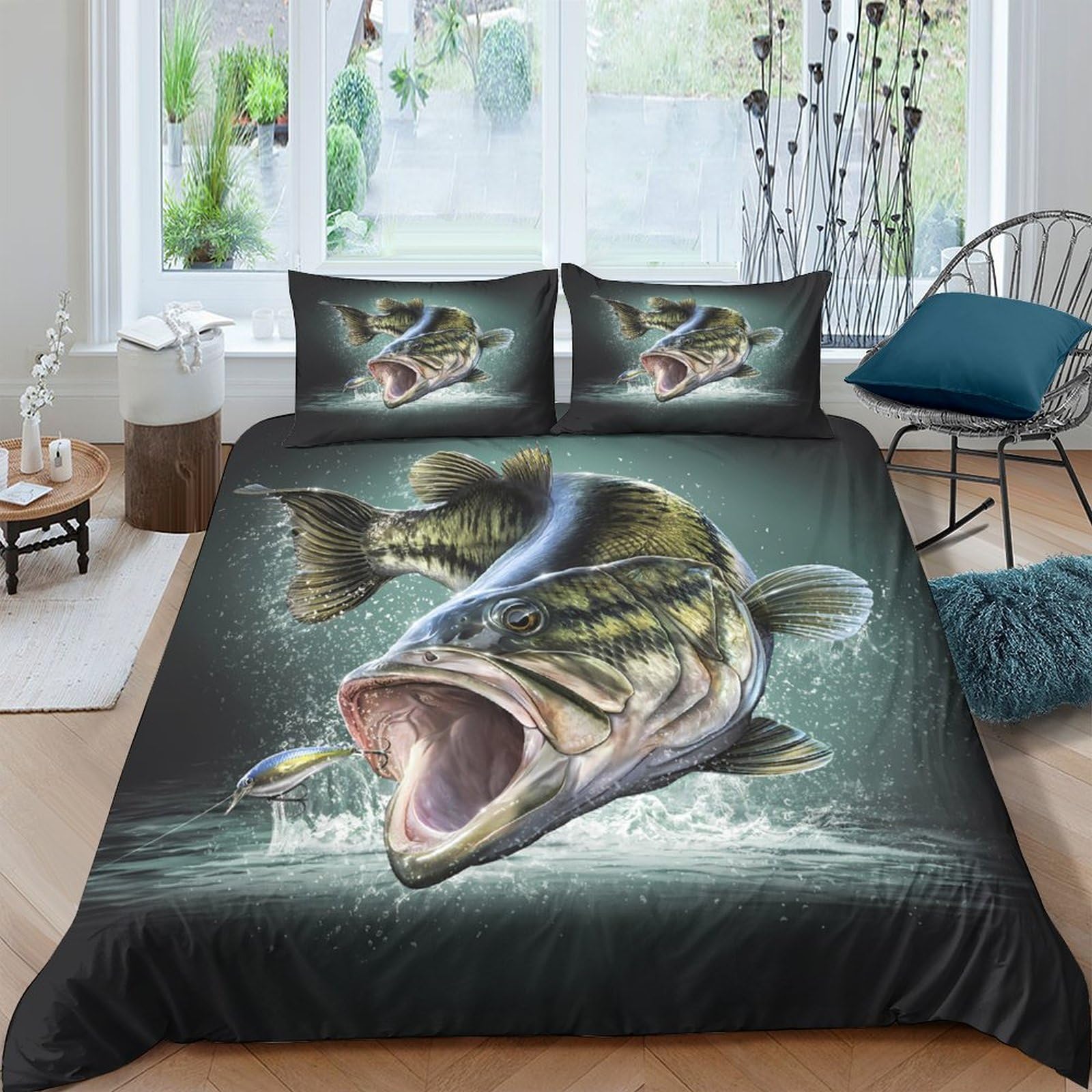 TUFRTGYHN 3D Printed Lifelike Giant Fish Duvet Cover Microfiber Soft Breathable Water Splash Bedding Set with 2 Pillowcases for Bedroom Décor Single（135x200cm）