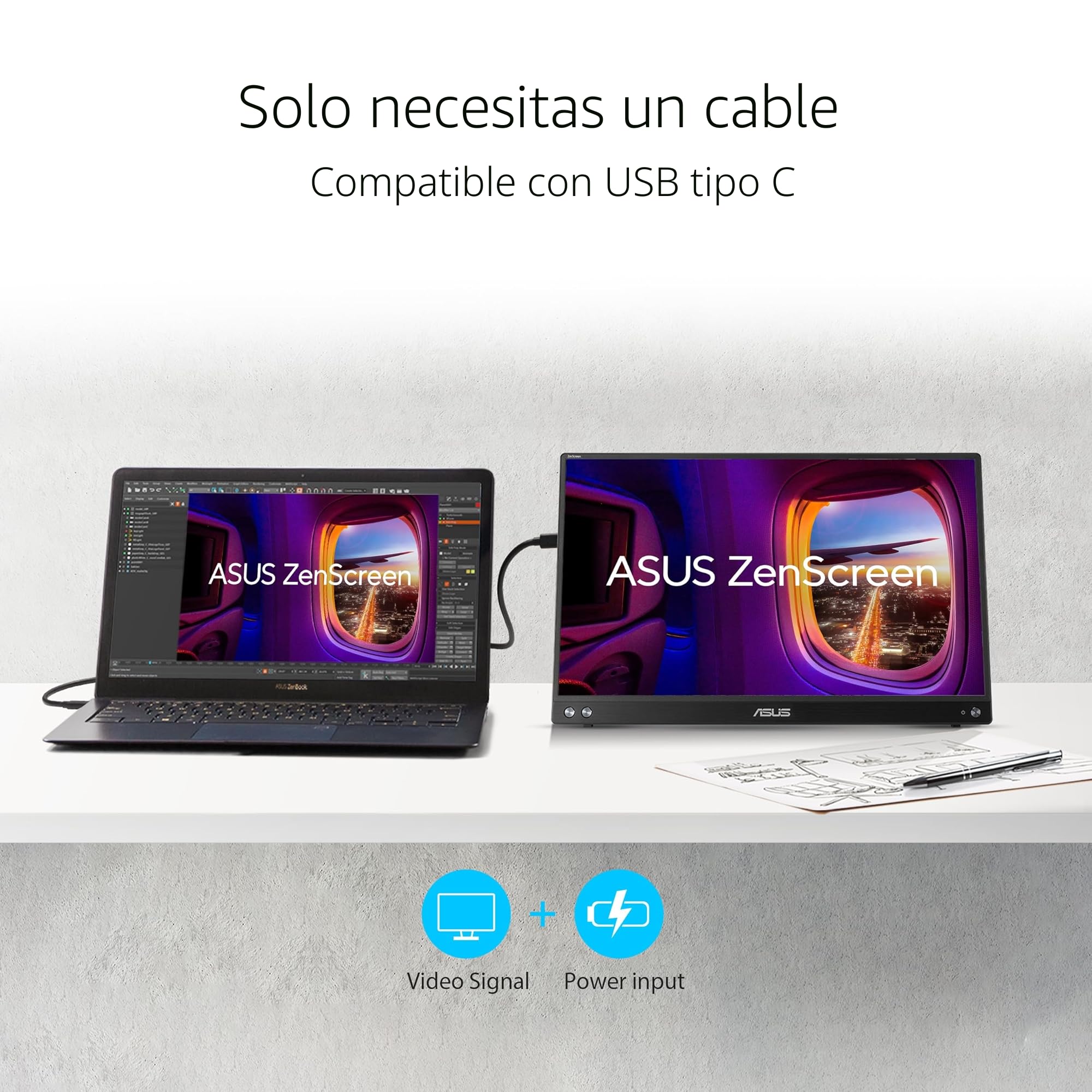 ASUS ZenScreen MB16AHV - Monitor portátil IPS FullHD de 15,6" | HDMI, USB Type-C, filtro de luz azul, superficie antirreflejos, tratamiento antibacteriano