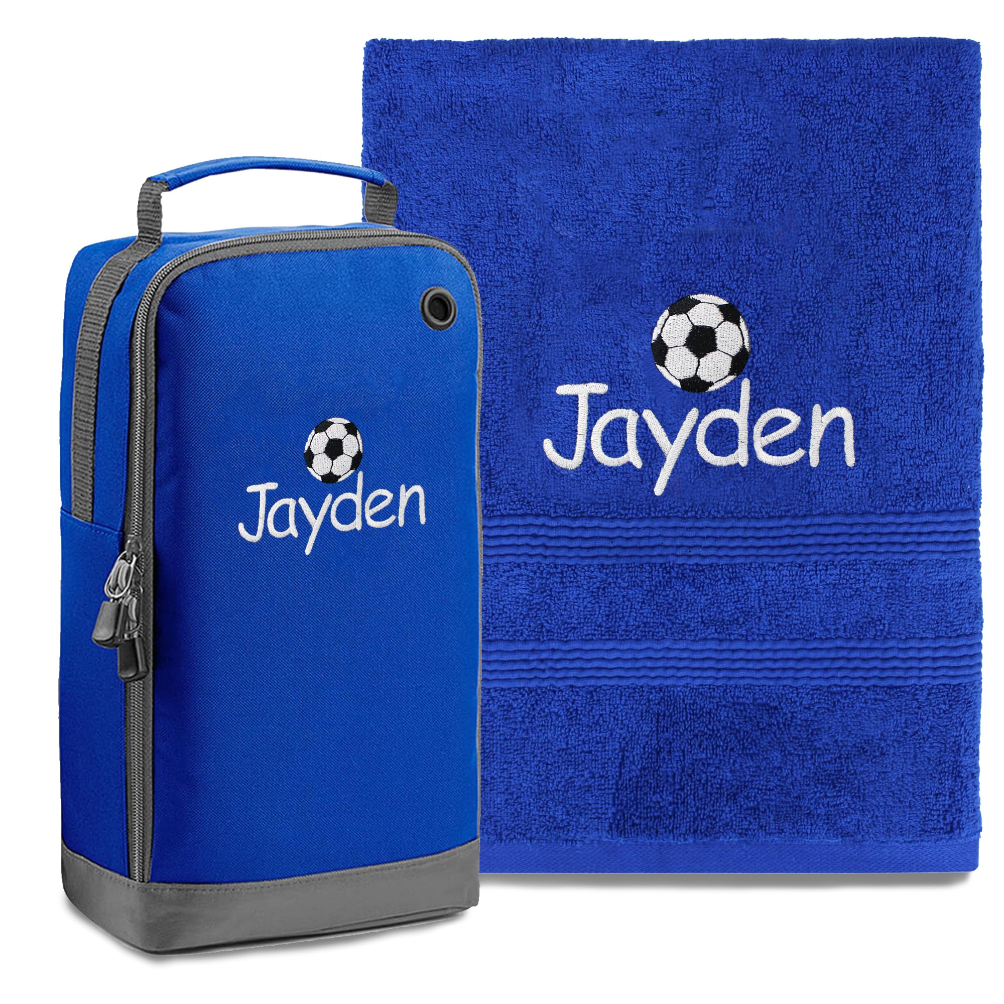 Teddyt's Royal Blue Personalised Football Embroidered Hand Towel & Boot Bag Sports Set (Royal Blue)
