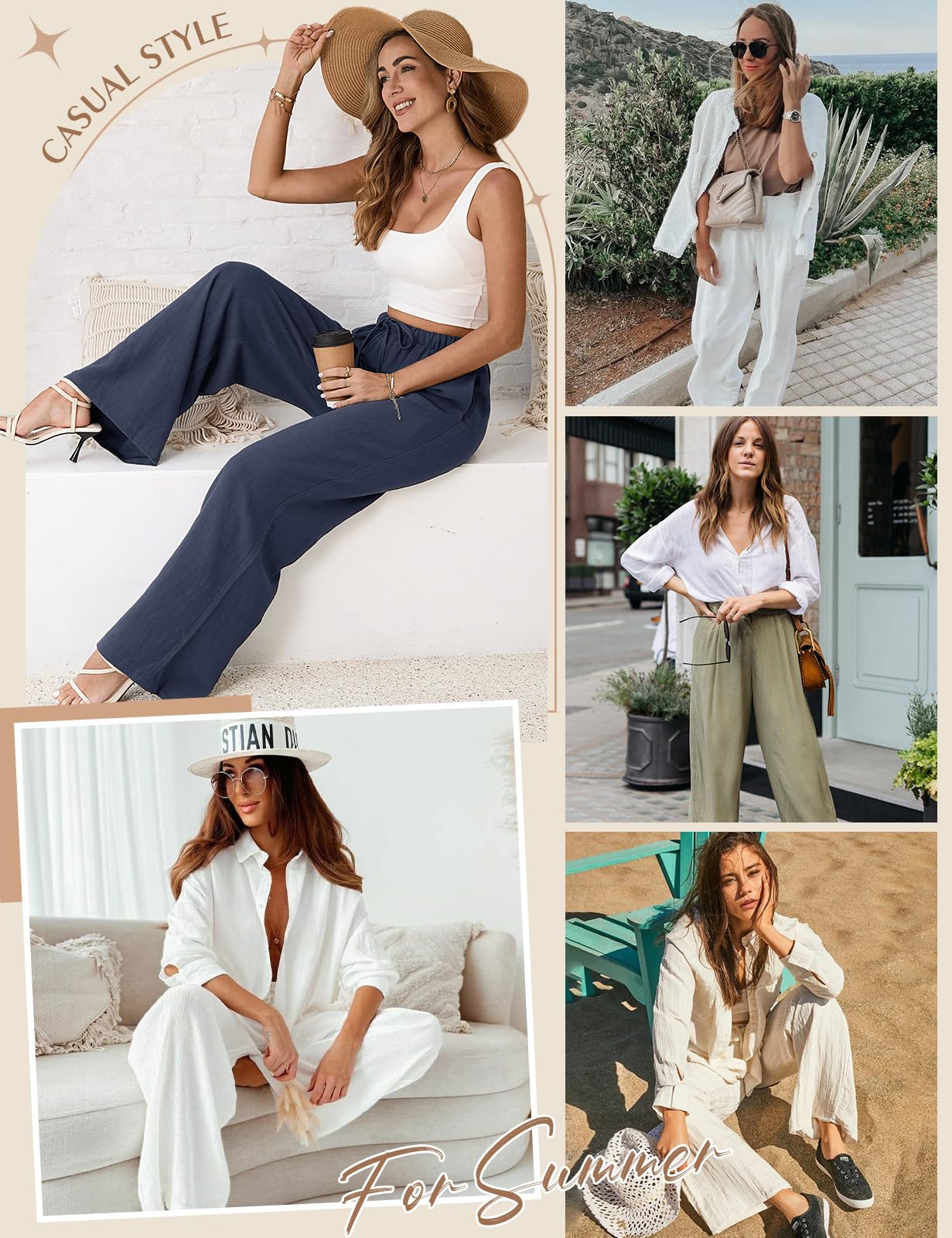 Voqeen Pantaloni Estivi da Donna in Lino Pantaloni Casual in Cotone e Tessuto di Lino Pantaloni Casual Monocromatici Pantaloni da Spiaggia a Vita Alta e Gamba Larga con Tasche