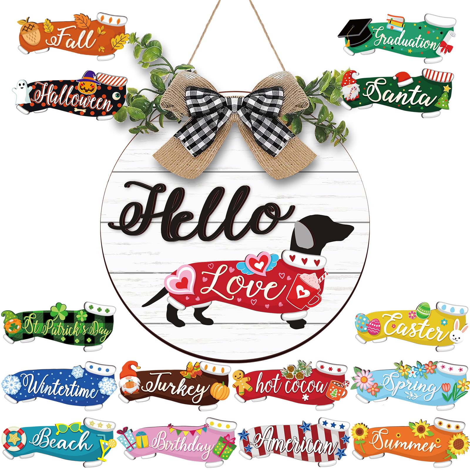 Glenmal 16 Pcs Interchangeable Seasonal Dachshund Welcome Sign Rustic Dog Front Door Wreaths Detachable Holiday Hanging Decor for Spring Easter St. Patrick's Day All Seasons (Elegant White Style)