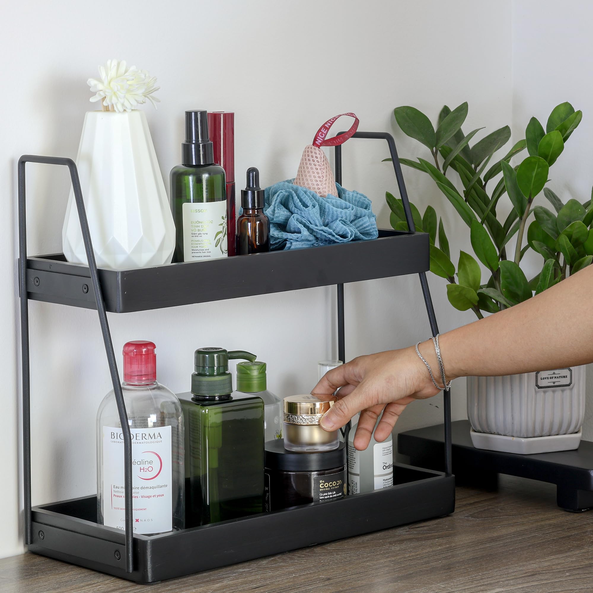 2-stöckiger Badezimmer-Organizer Aus Holz & Metall – 34x18 Cm Tablett, Schwarz, Für Arbeitsplatte & Küche