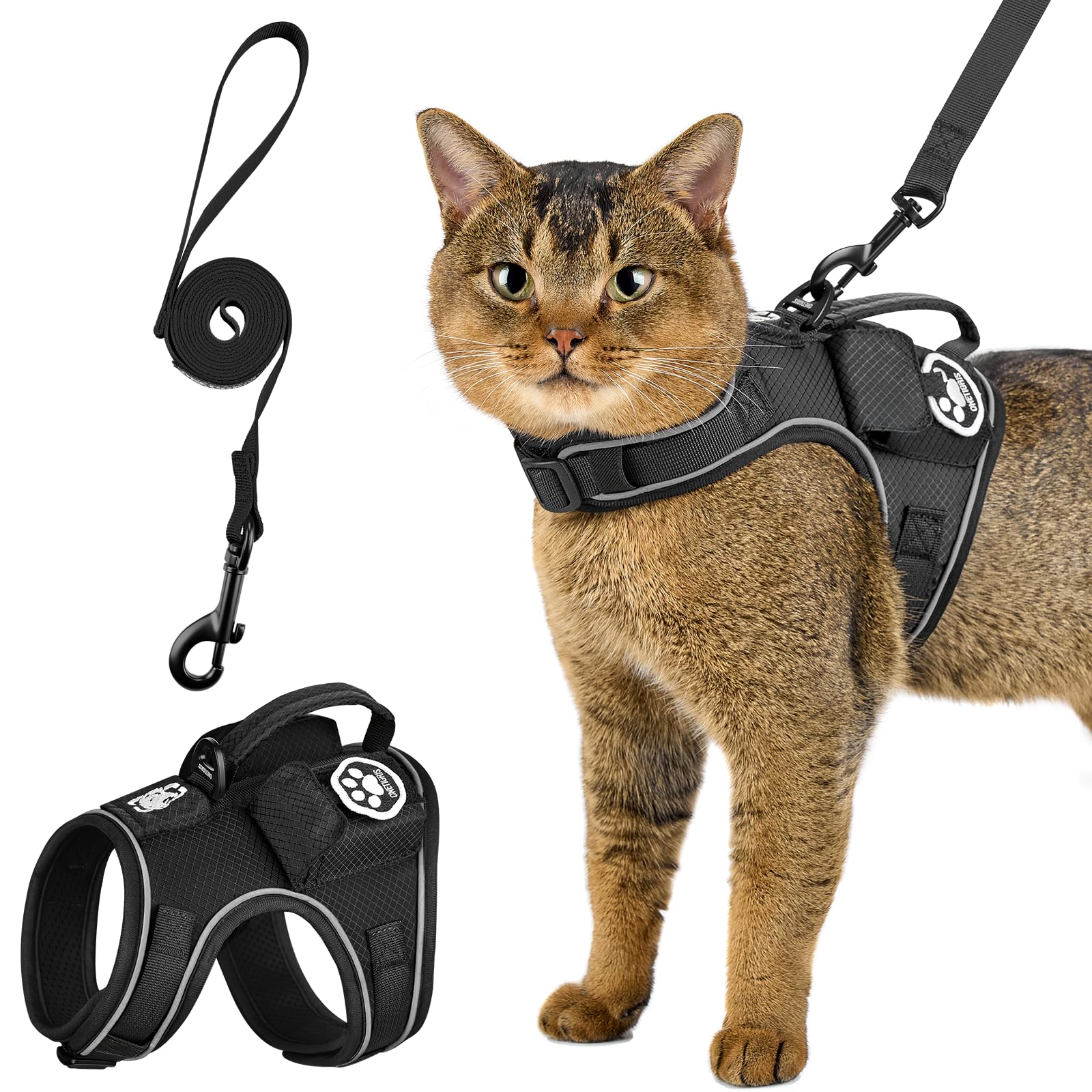 OneTigris CATATRIX Harnais pour chat avec laisse, laisse pour chat avec harnais anti-fugue avec bandes réfléchissantes, poignée de contrôle et poche GPS, harnais léger pour chat (noir, XXXS)