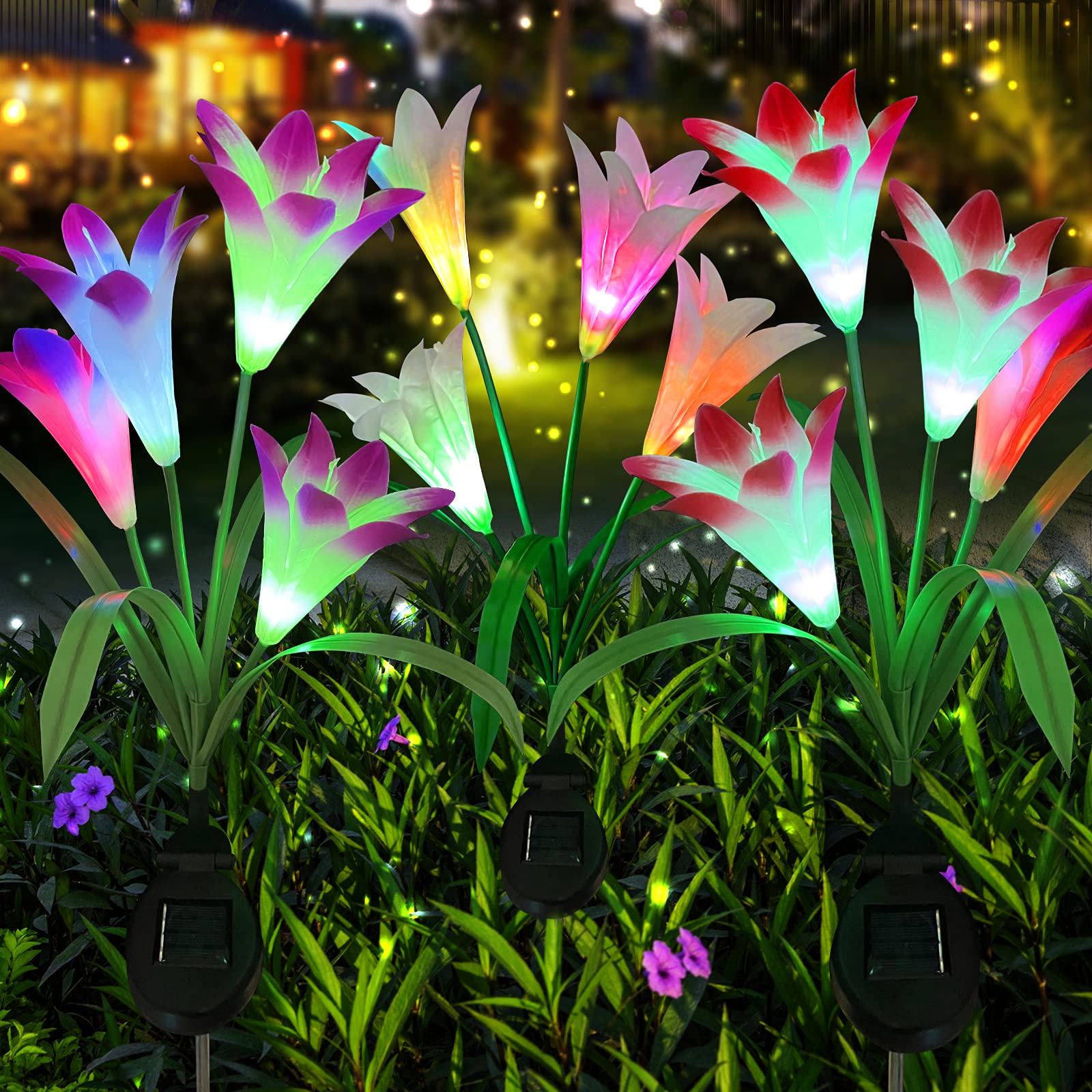 Outdoor Solar Garden Lights,XFF 3 Pack Solar Lily Light with 12 Bigger Lily Flowers and Bigger Solar Panel,Waterproof 7 Color Changing Decor Lights for Patio, Lawn, Garden, Yard (DY_3Baihehuadeng)