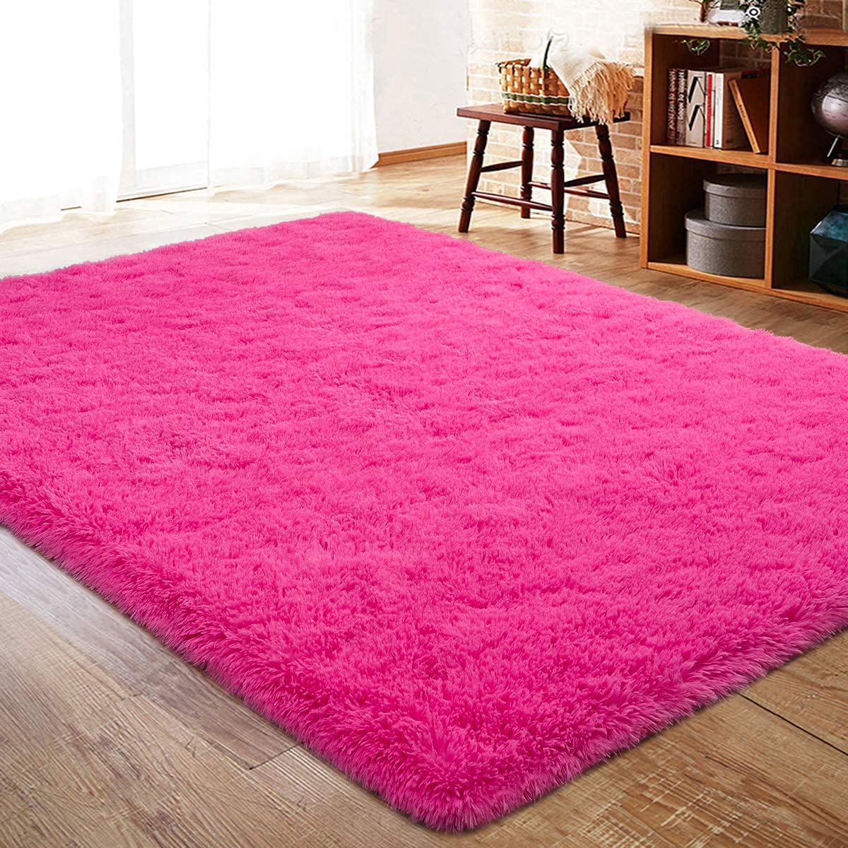 ISEAU Fluffy Rug Carpets Soft Shaggy Area Rug Indoor Floor Rugs for Kids Room Fuzzy Carpet Comfy Cute Nursery Rug Bedside Rug for Boys Girls Bedroom Living Room Home Decor Mat, 4ft x 5.9ft, Hot Pink
