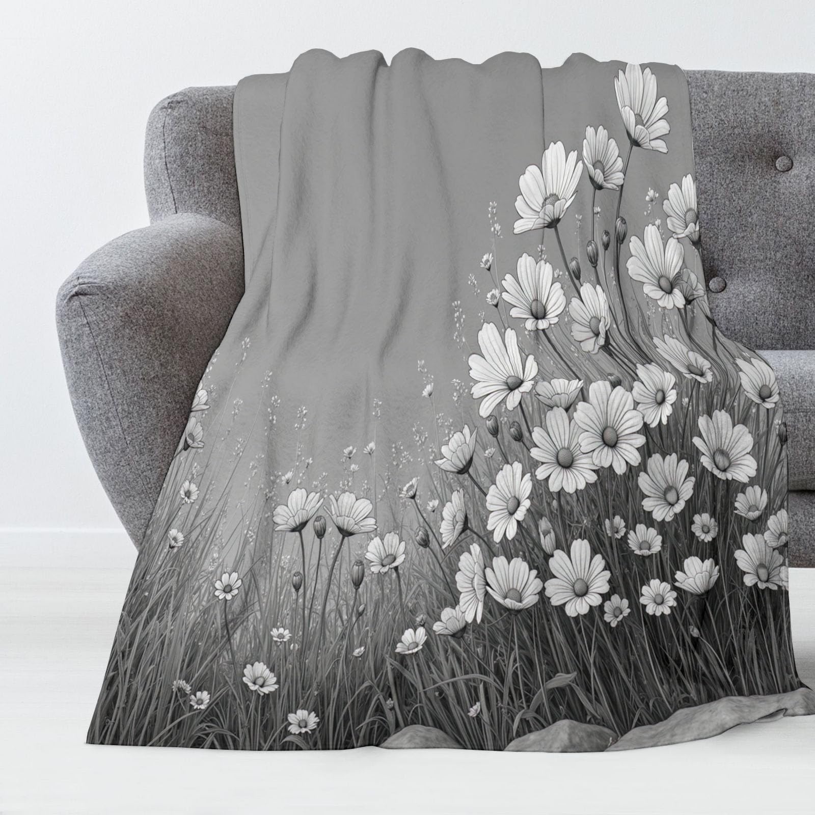 Plaid polaire doux motif fleurs sauvages pour soirées cocooning canapé