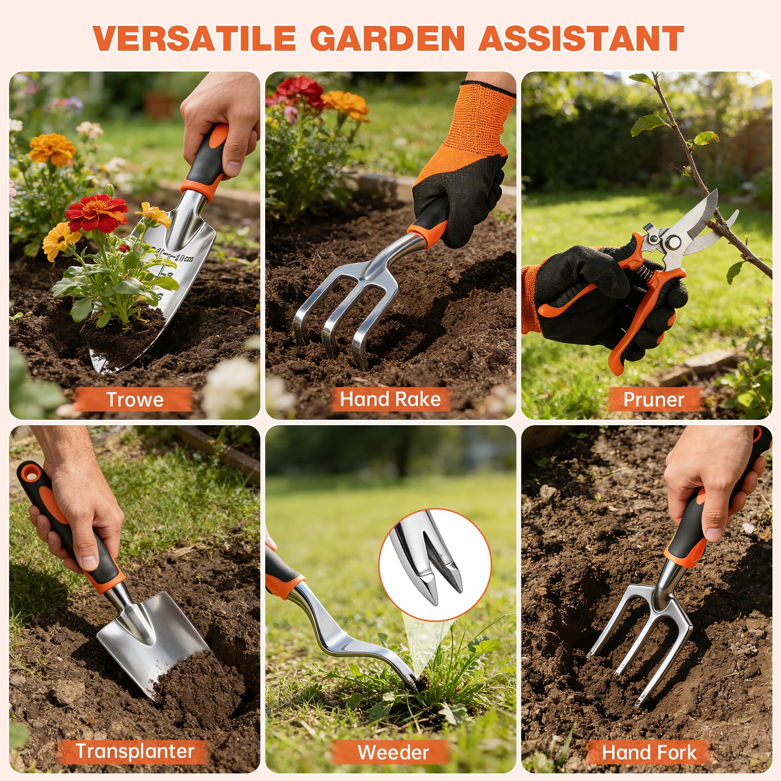 Juego de 9 herramientas de jardinería resistentes – acero inoxidable resistente al óxido, mango ergonómico de silicona antideslizante, regalo ideal de jardinería para mujeres y hombres