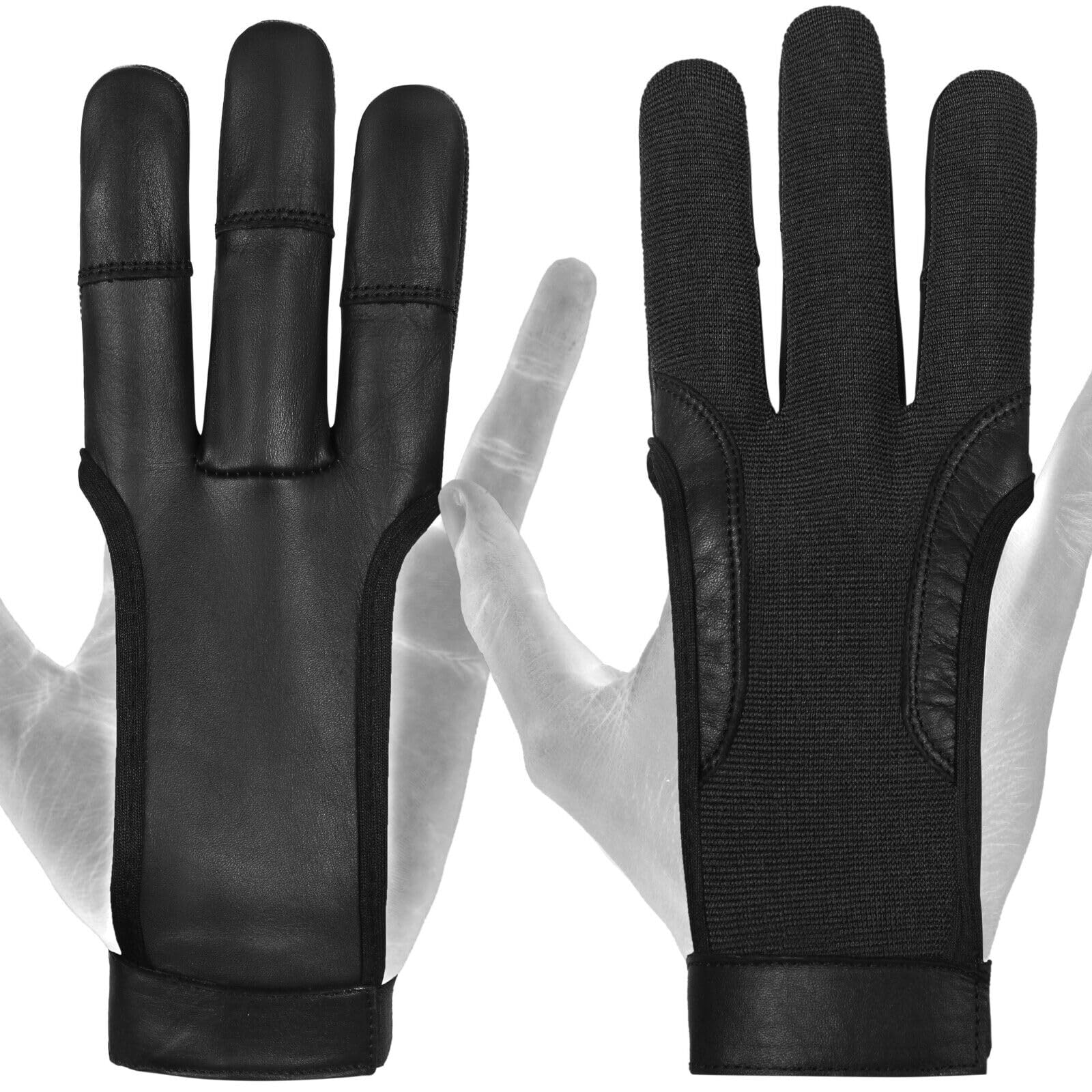 DKZ leather ARCHERS 3 FINGER Glove 100% Leather, Right Hand,Black,Blue,Green,Red,Yellow Professional Leather hunting Glove for Adults (Black, S, Left)
