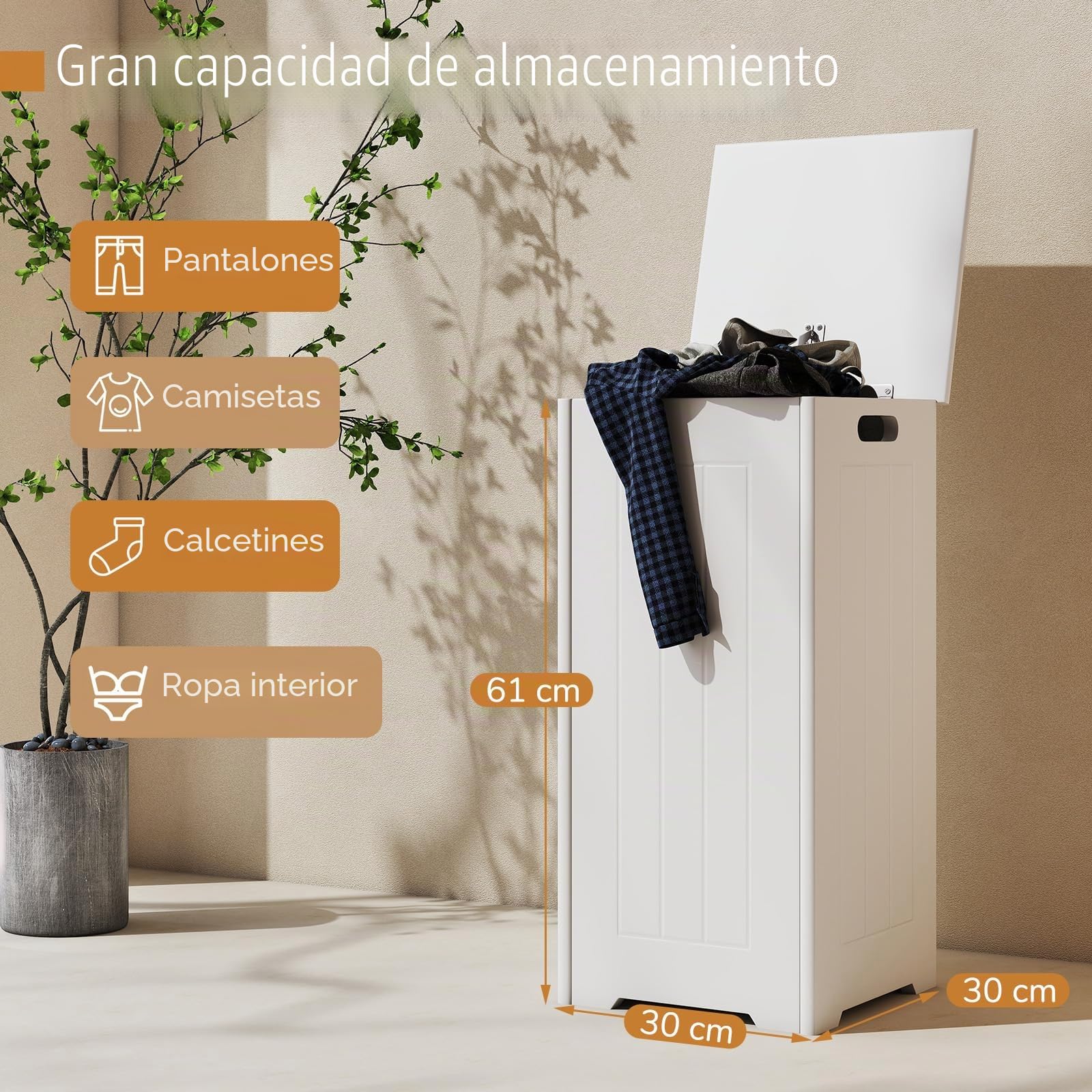 GIANETX Cesto Ropa Sucia de 34 litros con Tapa y Asa, Armario para Colada de Madera, 30 x 30 x 61 cm, Arcón de Almacenamiento para Baño, Dormitorio, Lavandería (con Bolsa Interior)