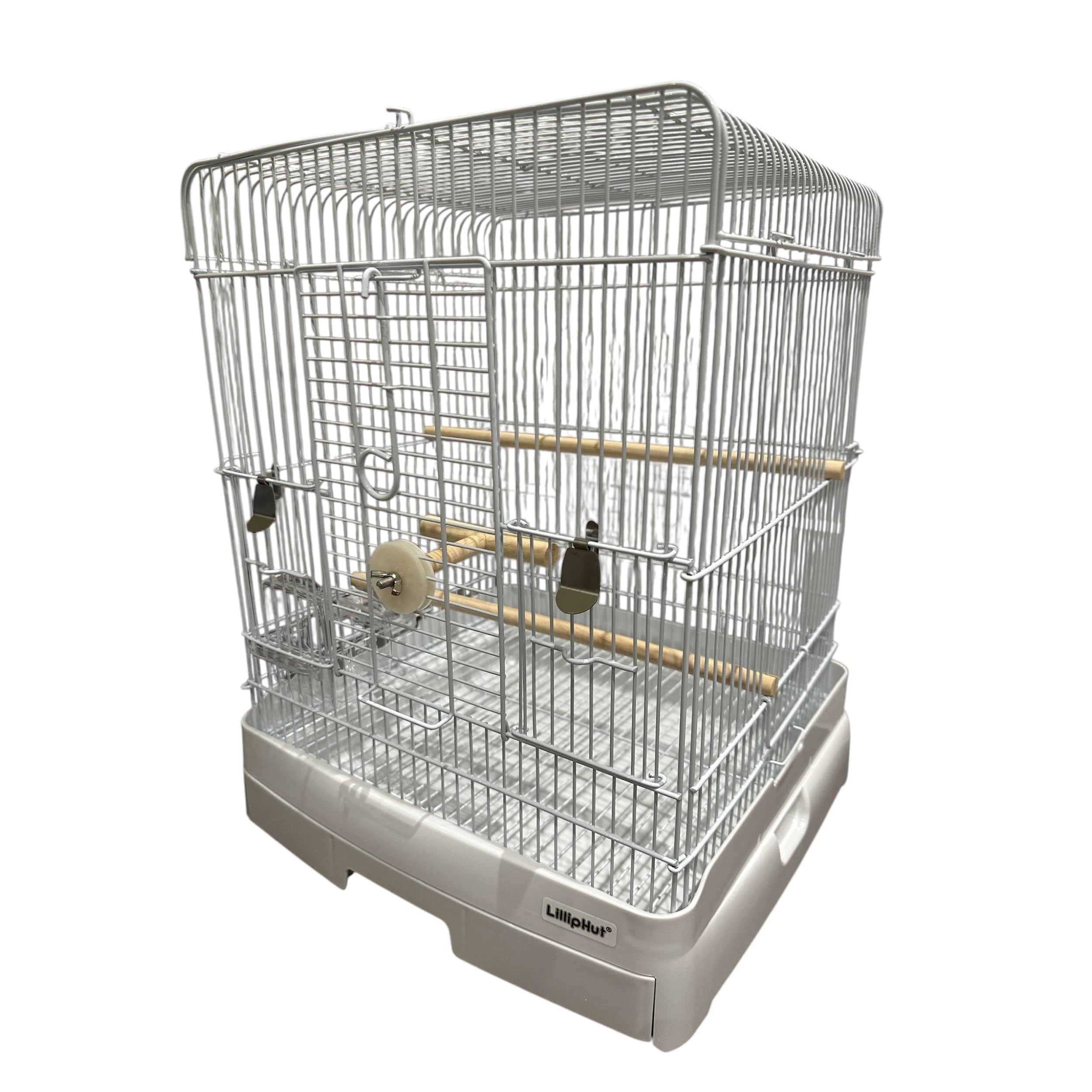 LillipHut Bird Cage - Metal Construction, Removable Base, Wooden Perches and T Pole, Easy Interaction, Simple to Clean, Spacious and Durable (White, 35)