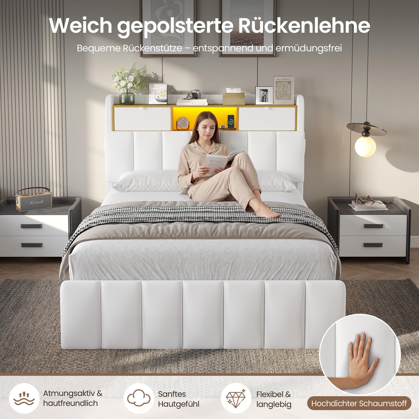 DICTAC Bett 140x200 mit Lattenrost & LED Beleuchtung – Stauraumbett mit Bettkasten, Polsterkopfteil & USB Ladestation – Weißes Polsterbett 140x200, Doppelbett für Jugendliche & Erwachsene