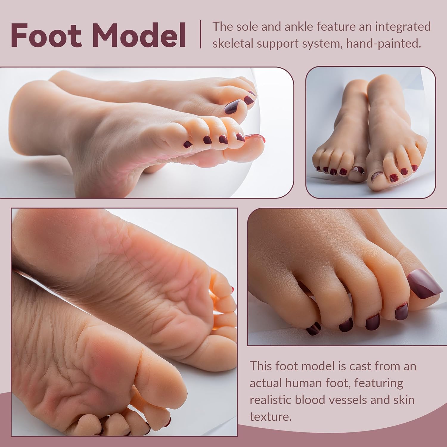 2-Pack Silicone Foot Models for Nail Practice, Life-Size Flexible Mannequin Feet for Tattoo Training and Shoe Display