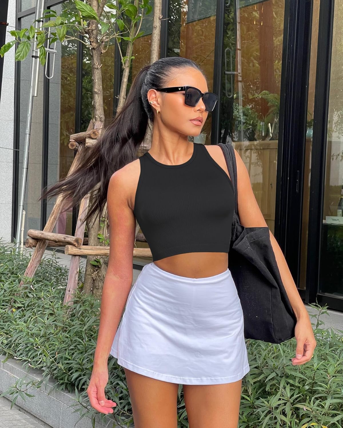 OLCHEE Womens 3 Pack Crop Tank Tops Basic Seamless Ribbed Round High Neck Racerback Workout Top Summer Causal Yoga Gym Shirts - Image 4