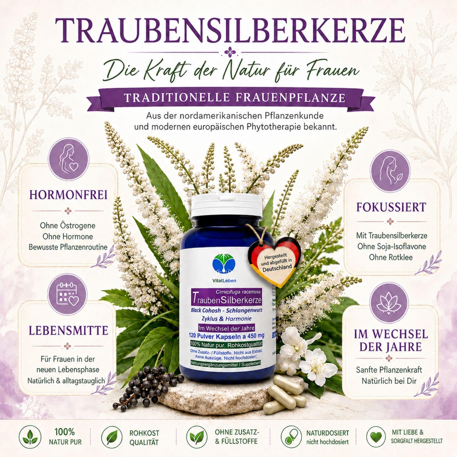 Traubensilberkerze 120 Kapseln Frauenpflanze für Lebensmitte, Wechseljahre, Menopause. Cimicifuga Black Cohosh. Hormonfrei. Kein Extrakt, nicht hochdosiert. NATUR pur. OHNE ZUSATZSTOFFE. 26850-120