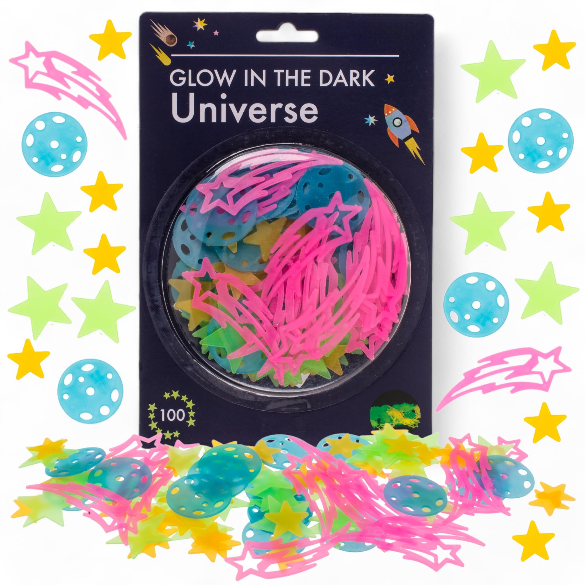 MIJOMA Zauberhaftes Universum Wandsticker Set – 100-teilig | Nachleuchtende Sterne & Planeten, Glow in the Dark, Sternenwelt Neonfarben, komplett mit Klebepunkten, für Sternenhimmel