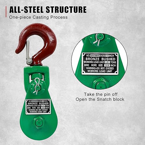 Miniatura 9 de Bloque de arranque de 8 toneladas con gancho giratorio para polea de 6 pulgadas, cuerda de alambre de 34 pulgadas para camión de remolque de
