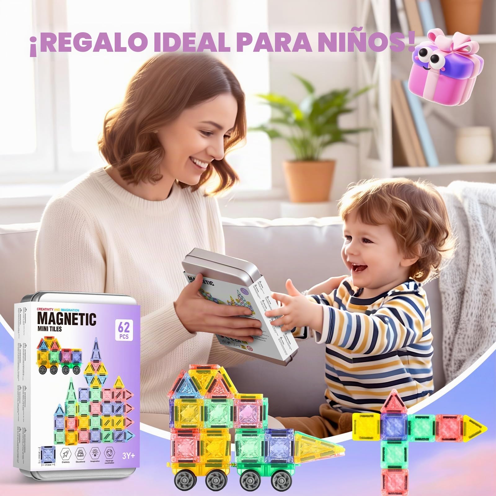 GAGAKU Mini Bloques de Construcción Magnéticos 62 piezas Azulejos Magnéticos, Juguetes para niños a partir de 3 4 5 6+ años niños niñas Bloques Magnéticos Juguetes Sensoriales