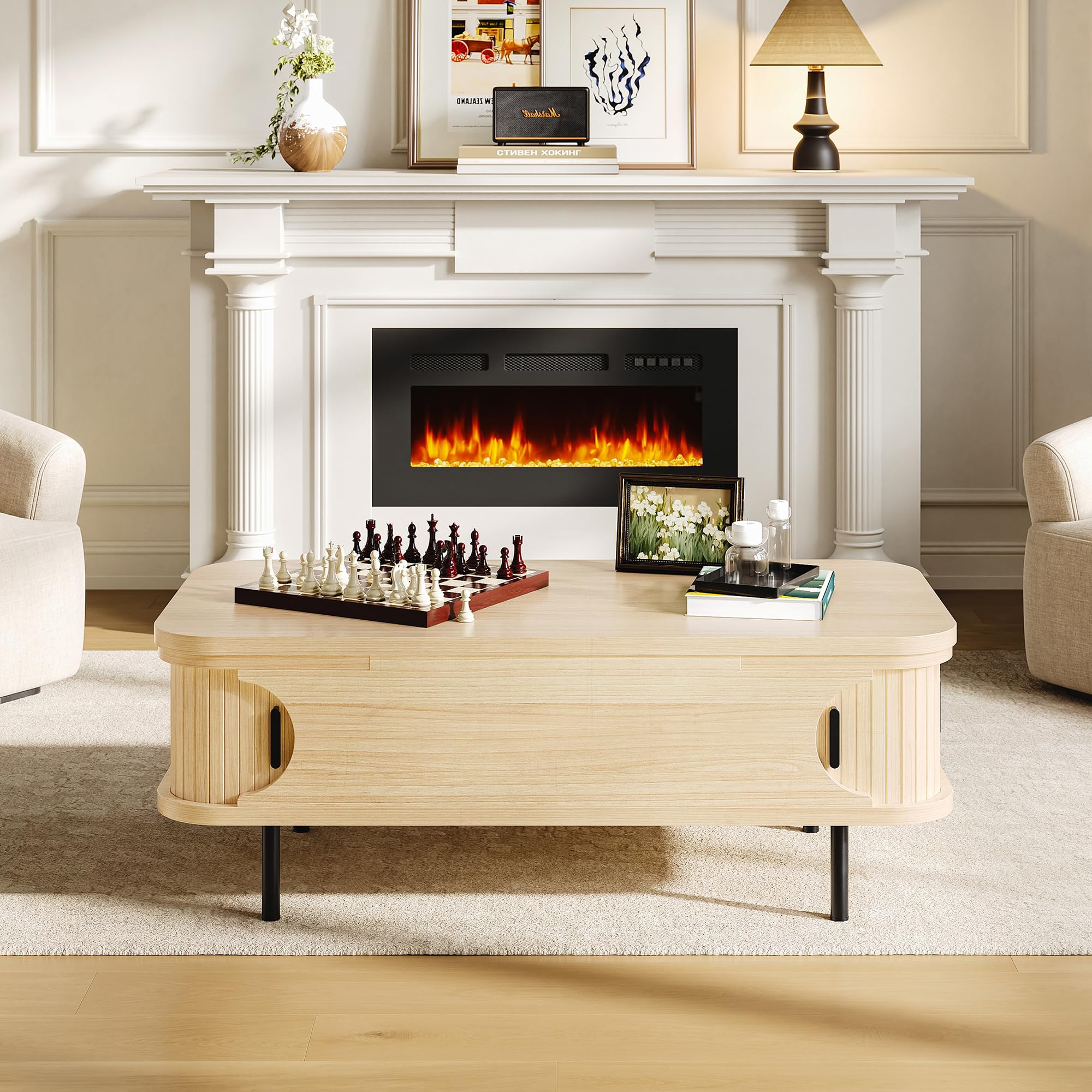 IRONCK Couchtisch höhenverstellbar, Wohnzimmertisch mit Stauraum, Holz Kaffeetisch mit Schiebetüren, verstecktes Fach, offenes Fach, für kleine Räume, Wohnzimmer, Homeoffice, 101x51x52cm, Eiche Hell