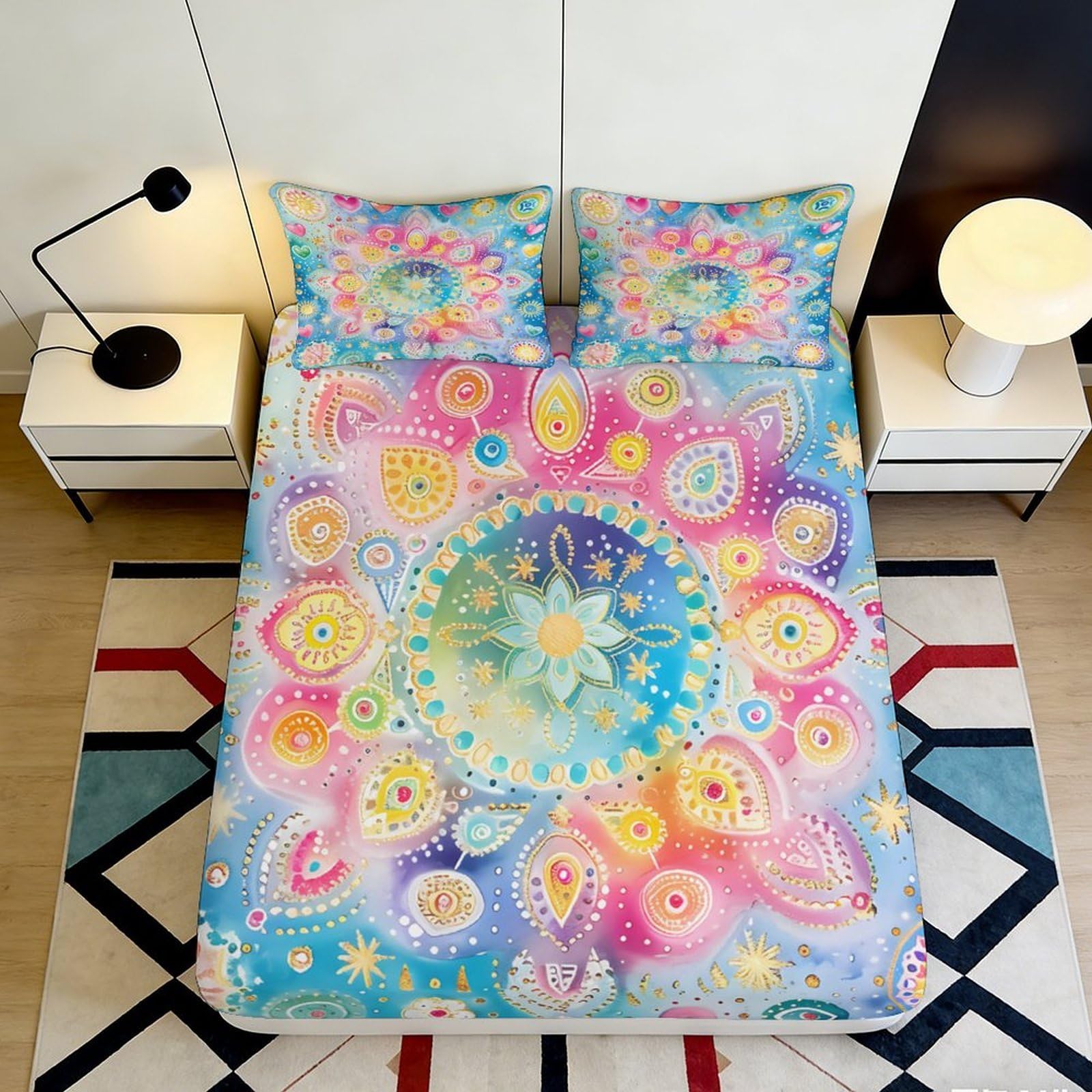 3D Printed Mandala Blossom Fitted Sheet Microfiber Colorful Lotus Dream Mattress Cover Bedroom Dorm Mat Protector Decor 90x200x25cm
