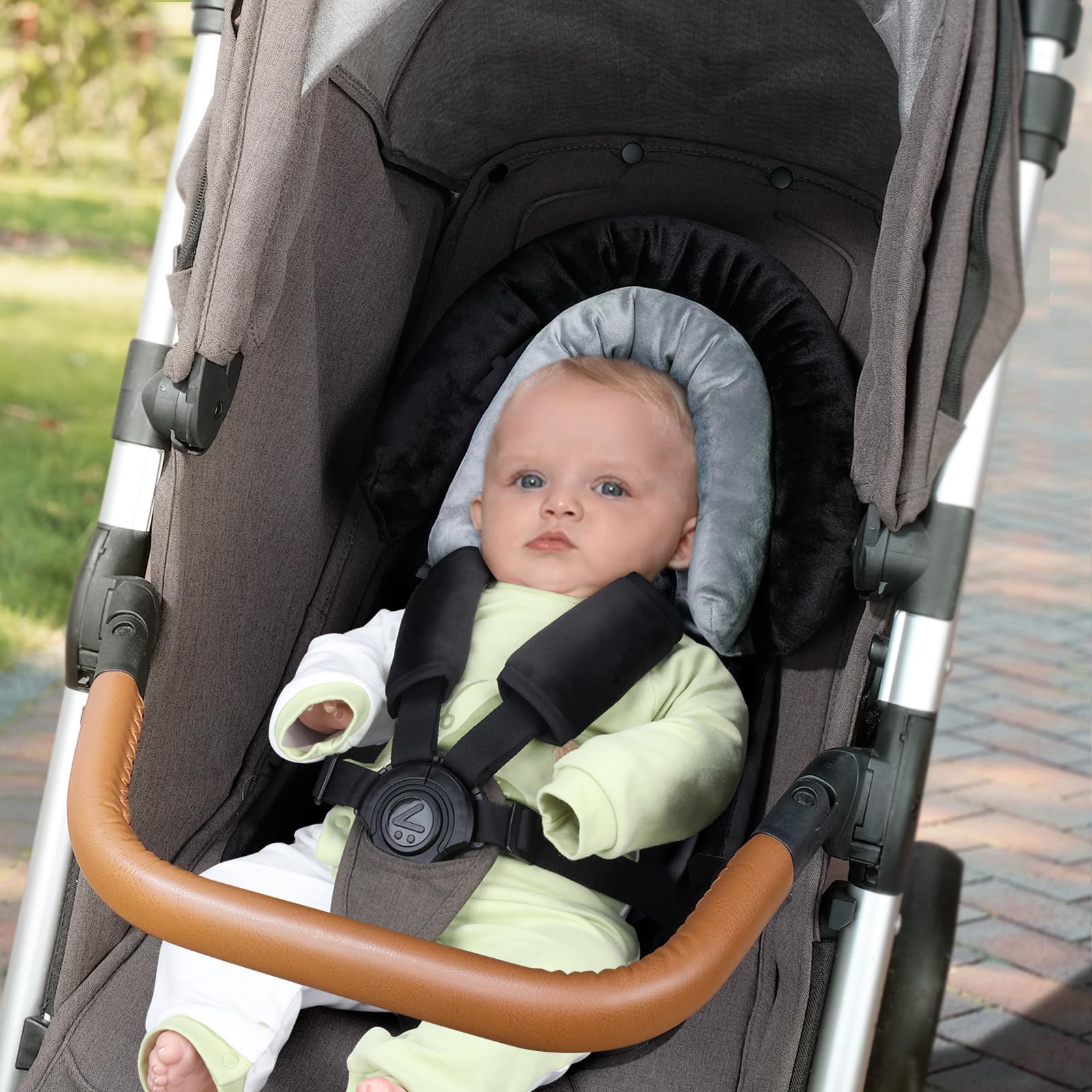INFANZIA Reductor de asiento de bebé 2 en 1 con acolchado para cinturón de seguridad, universal, para todos los cochecitos, uso para recién nacidos, reposacabezas para portabebés y asientos de coche