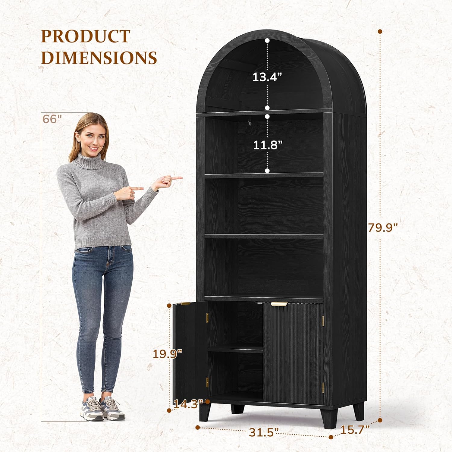 DurayLoly 79.9" Tall Arched Pantry Cabinet, 6-Tier Kitchen Pantry Cabinet with Fluted Doors, Arch Storage Cabinet with Open & Adjustable Shelves, Versatile Cupboard for Dining Room, Living Room,Black