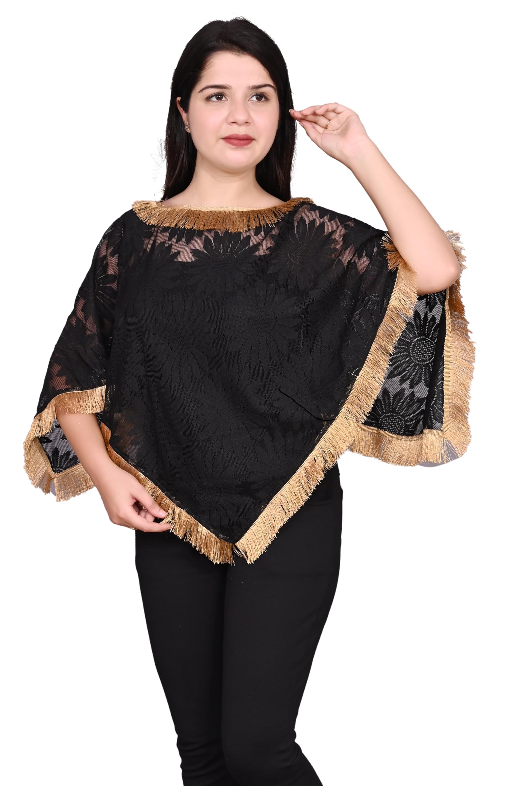 Women's Net Poncho Trendy Net Capes Poncho And Shrug For Girls Golden Lace With Black Colour-image-13