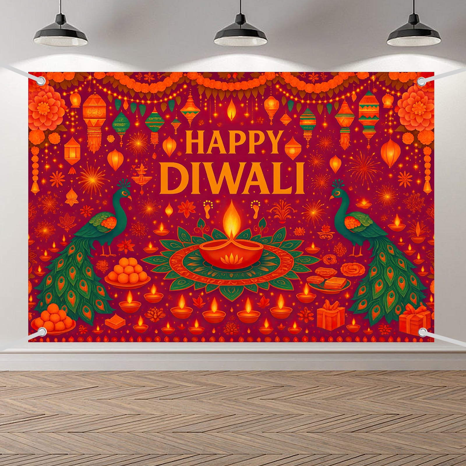 Happy Diwali Backdrop Banner Decorations, Indian Festival Of Lights Party Supplies, 110x180cm In Diwali Banner Indian Festival, Lights Marigold Flowers Decor for Indoor & Outdoor, Garden, Yard, Home