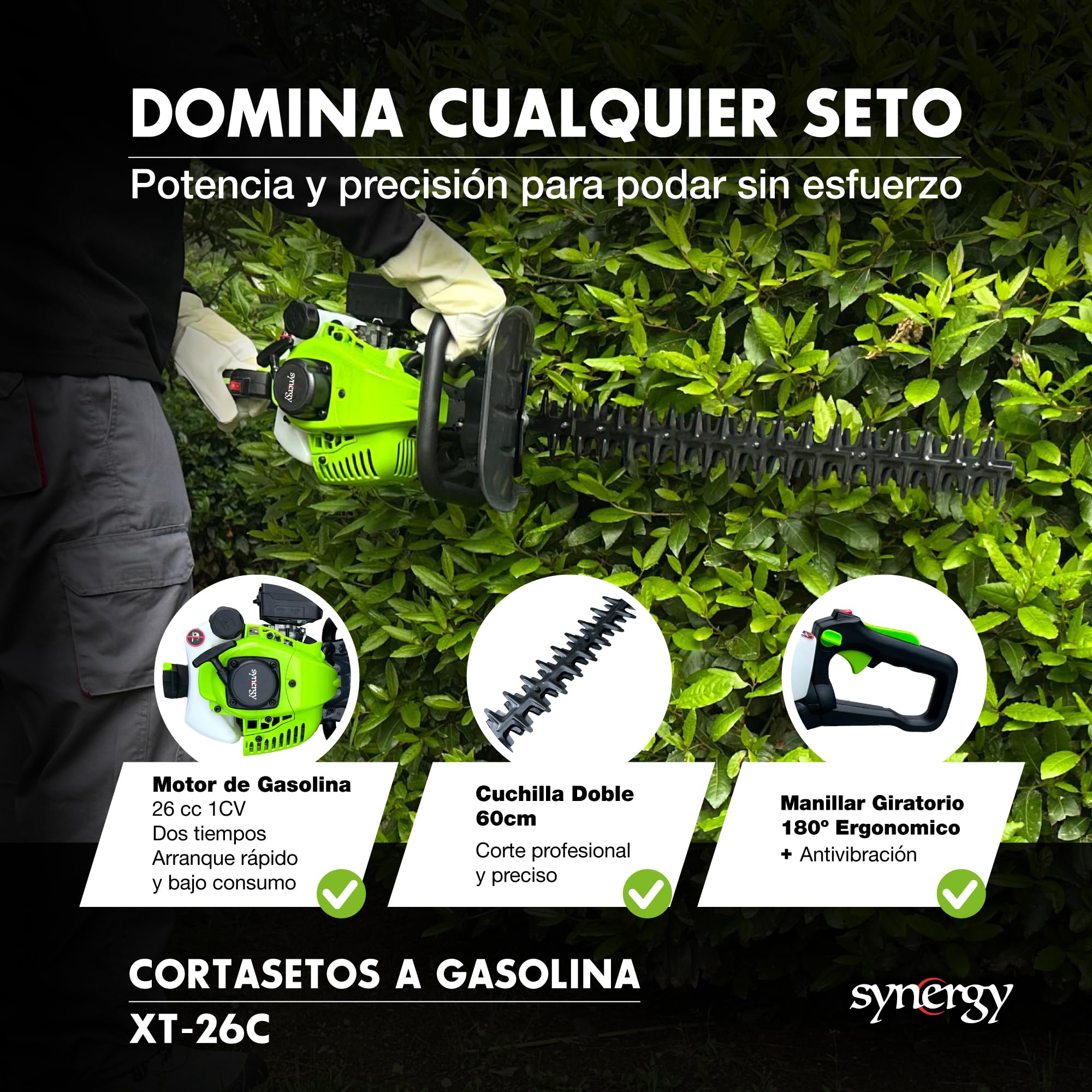 Synergy Cortasetos a Gasolina XT-26C – Motor 2 Tiempos 26cc 1CV – Cuchilla Doble 60cm, Manillar Giratorio 180° y Sistema Antivibración
