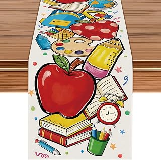 新学期テーブルランナー、カラフルな学用品テーマ、72 x 13インチ。