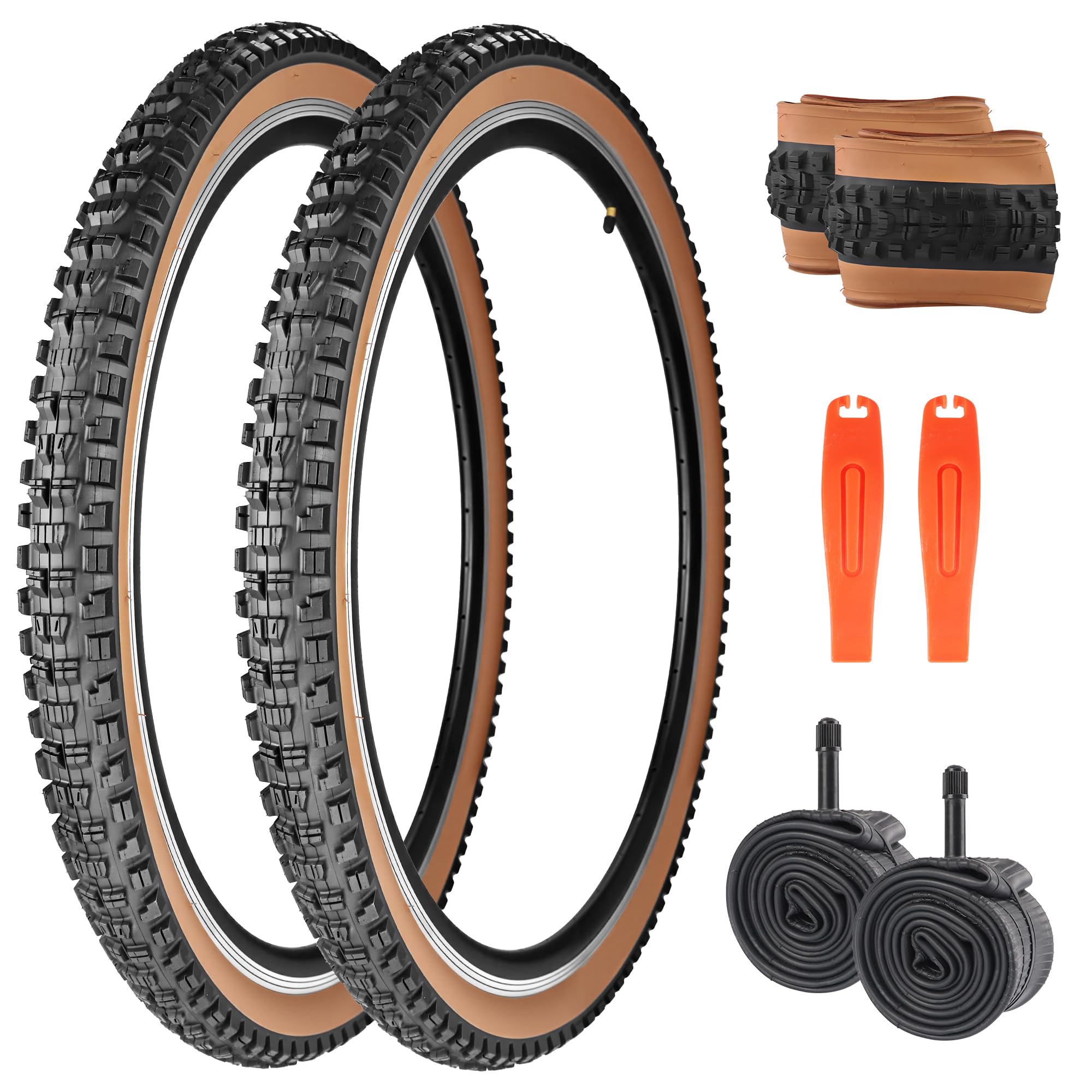 GRELiving MTB Tyres 26/27.5/29 x 2.3 Inch - Pair of Foldable Mountain Bike Tires with Inner Tubes & Levers for Off-Road, Mud, and Cross-Country Riding (Black + Brown wall, 29 X 2.3 Inches)